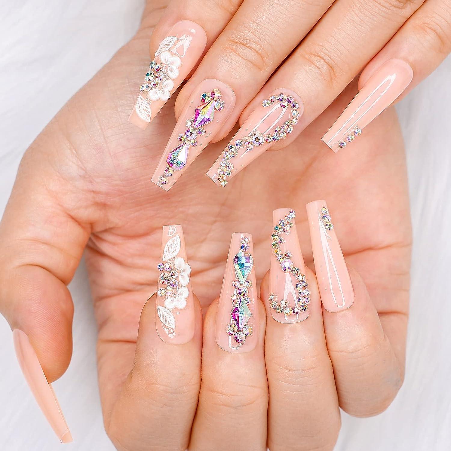 Artquee 24pcs Light Nude Pink Clear Press on Nails Long Ballerina Glossy  Fake Nail Art Luxury 3D Flower With Rhinestones Coffin False Tips  Artificial Manicure Stick for Women and Girls Decoration Light