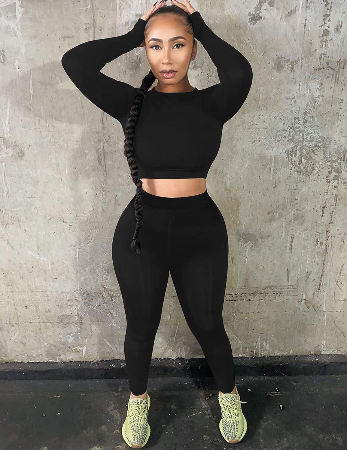 Workout Outfits for Women Sexy 2 Piece Long Sleeve High Waist Leggings with  Crop Tops Exercise Yoga Set (Brown , M )