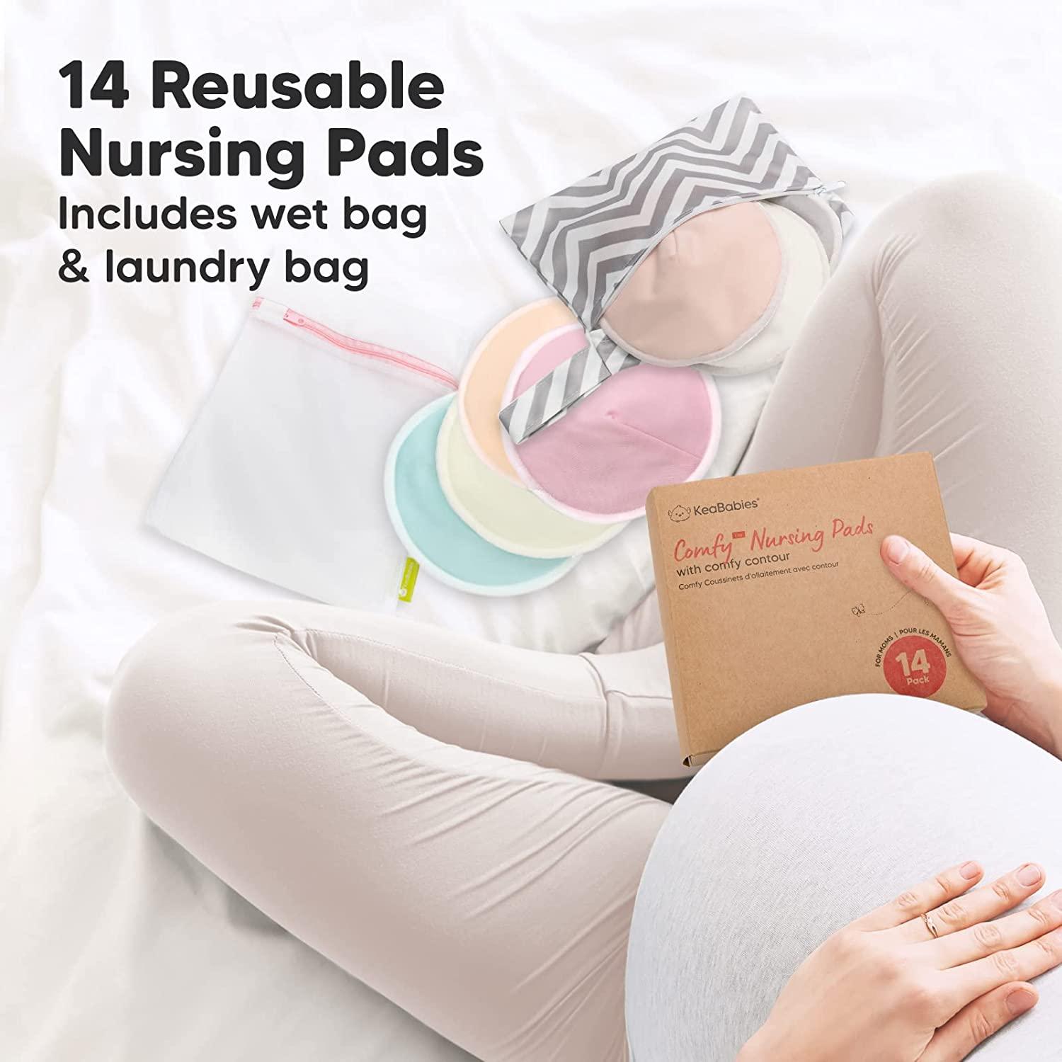 KeaBabies Organic Bamboo Nursing Pads - 14 Washable Breastfeeding Pads,  Wash Bag, Reusable Breast Pads for Breastfeeding, Nipple Pads for