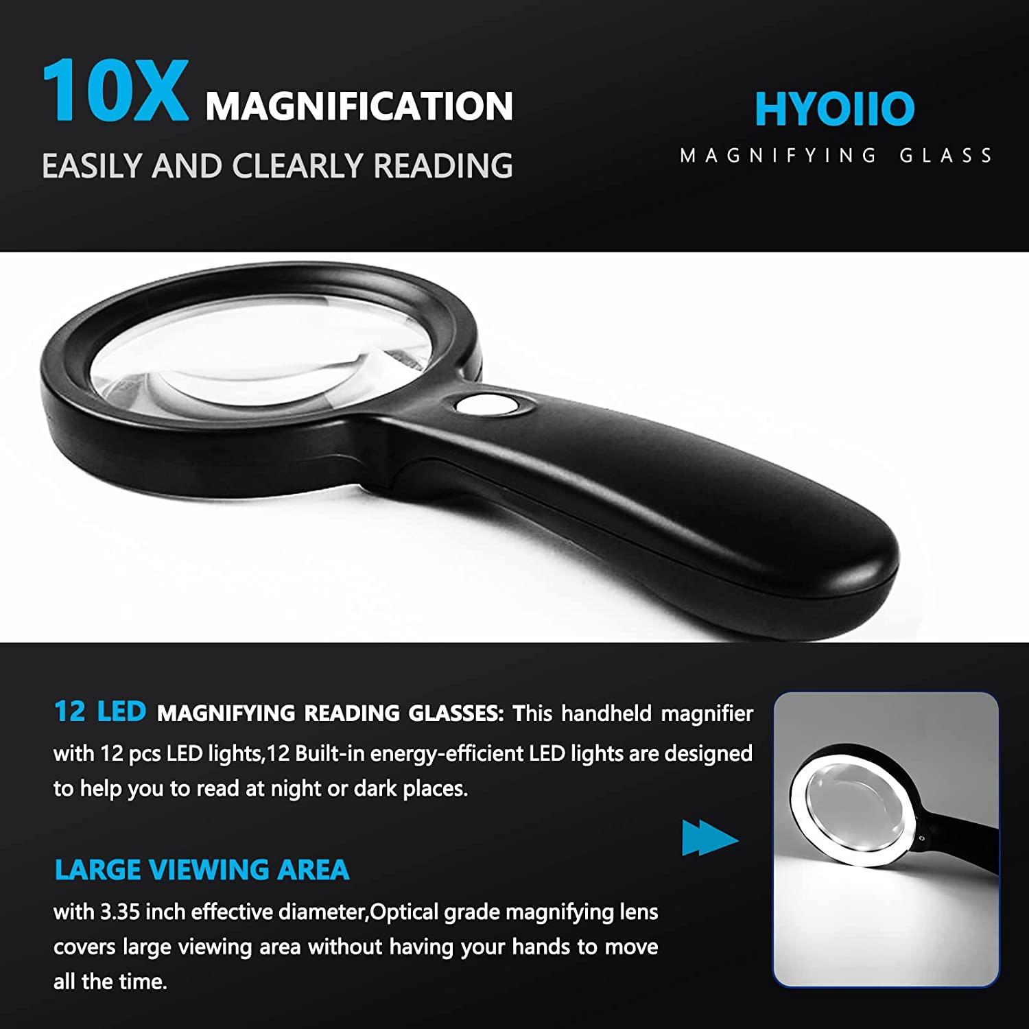 HYOIIO 10x Magnifying Glass with Light, Lighted Magnifying Glass 10X with  12 LED Lights for Seniors Kids- Large Magnifying Glass for Reading,  Inspection, Coins, Jewelry, Explorin 10x-black