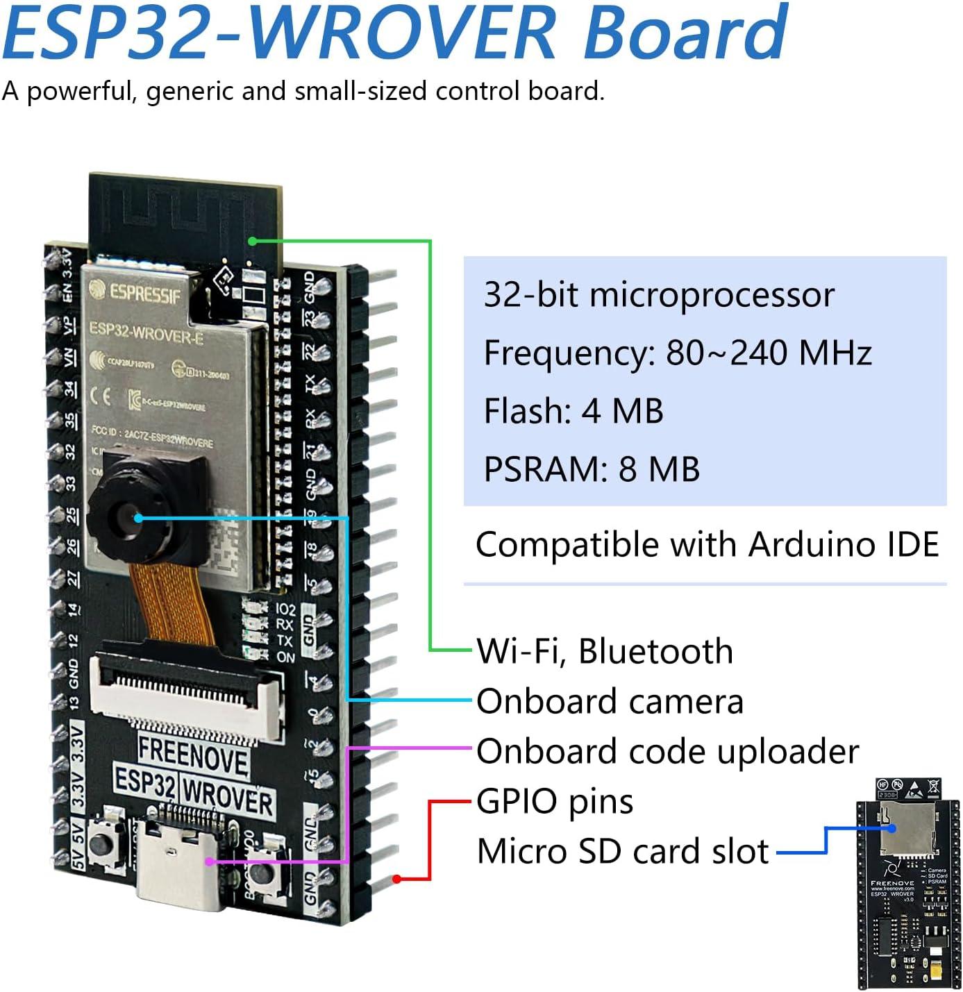 Freenove Super Starter Kit for ESP32-WROVER (Included) (Compatible with  Arduino IDE), Onboard Camera Wireless, Python C, 536-Page Detailed  Tutorial