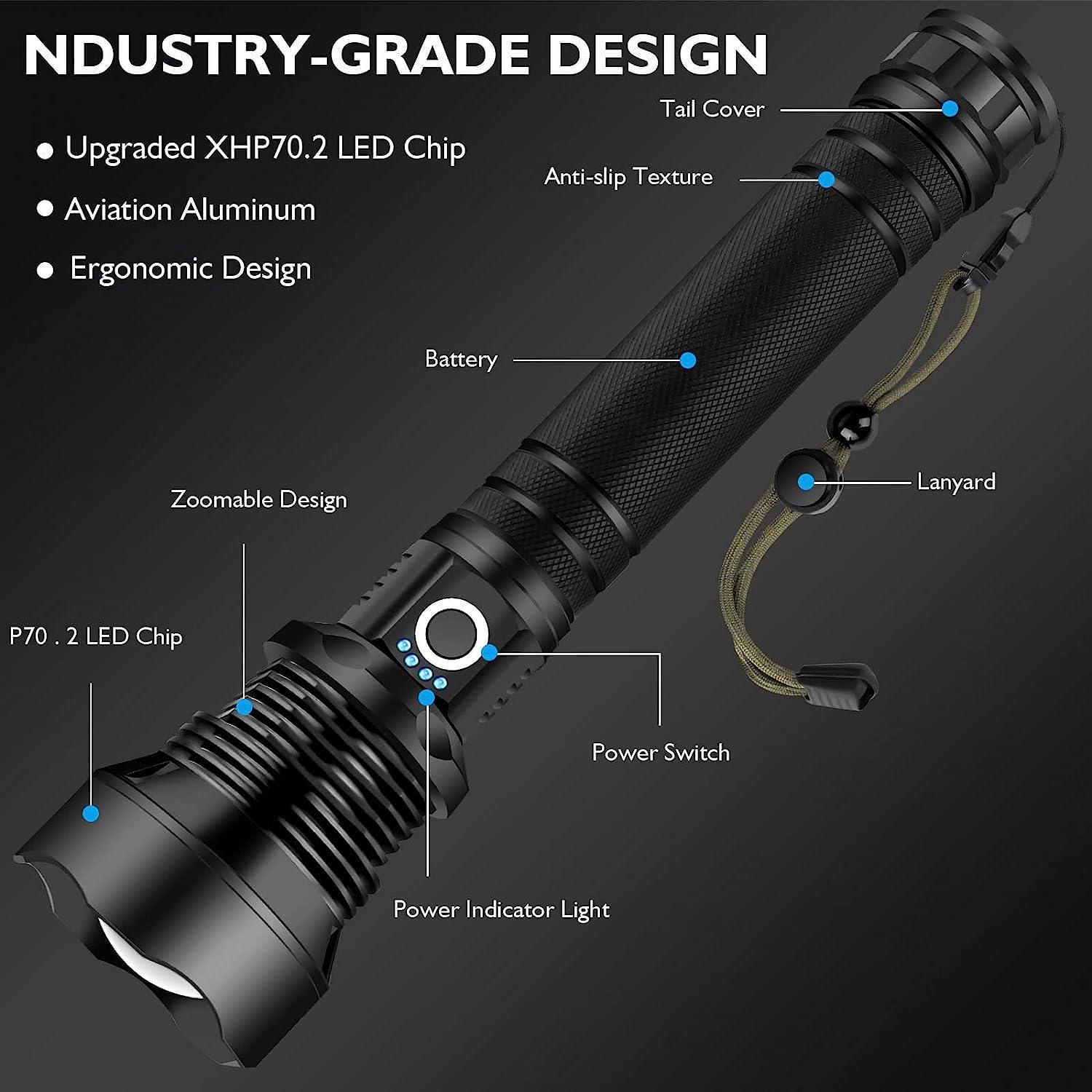 Powerful Flashlight 10000 Lumens,USB Rechargeable XHP70.2 Flashlights High Lumens LED Torch Powerful Tactical Flashlight 5 Modes, Zoomable with Power