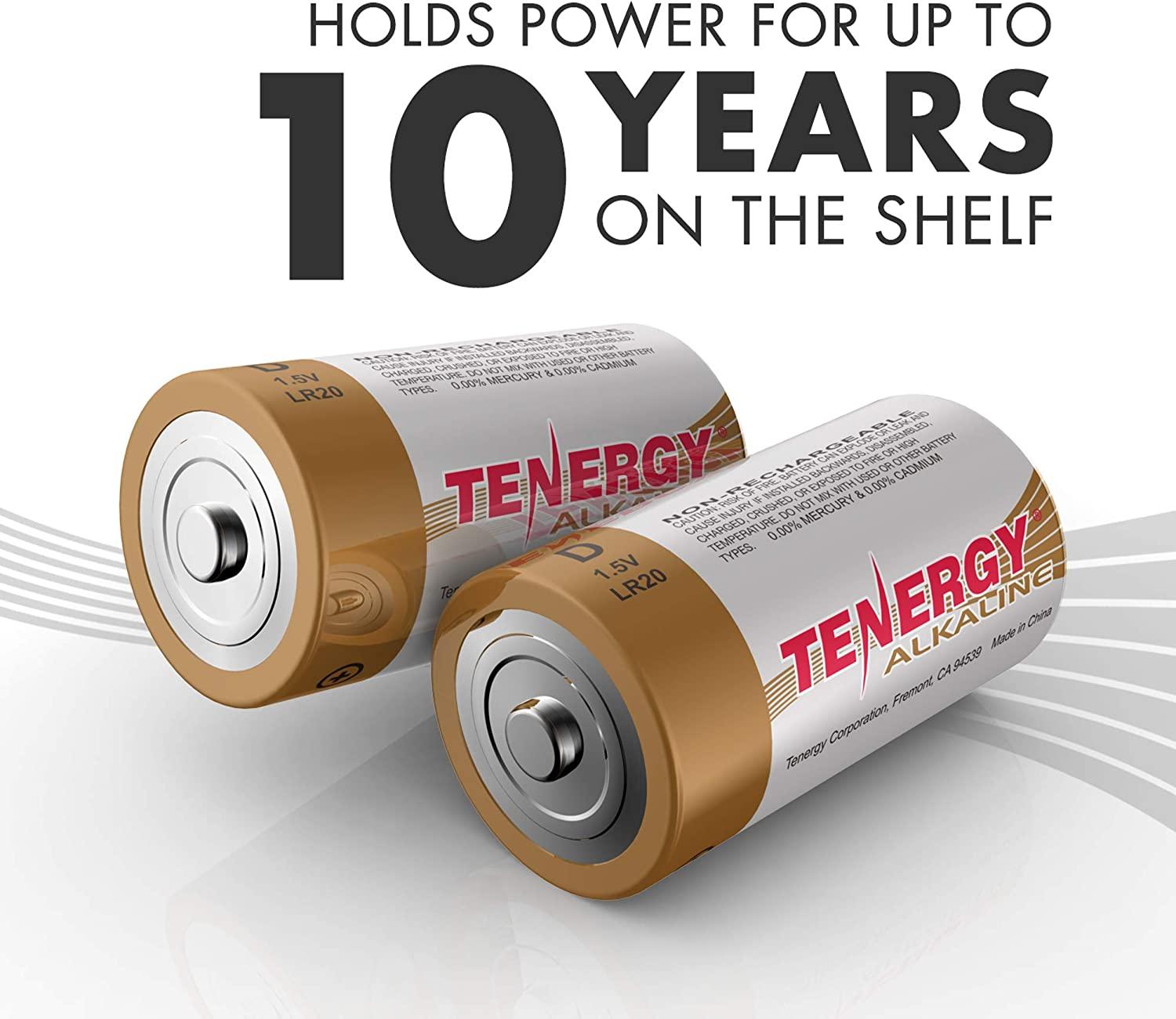 Tenergy 1.5VD Alkaline LR20 Battery, High Performance D Non-Rechargeable  Batteries for Clocks, Remotes, Toys & Electronic Devices, Replacement D  Cell