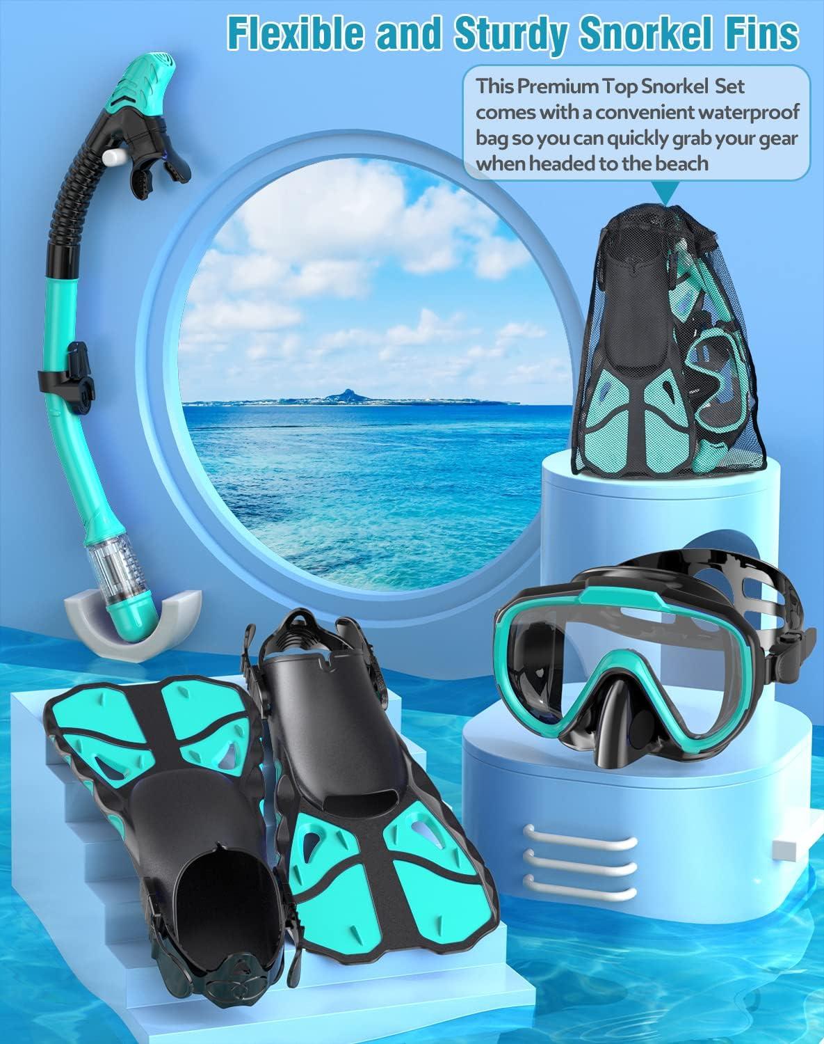 Vengreedo Snorkel Set with Fins for Adults, Mask Fins Snorkel Gear for Men  and Women, Dry Top Snorkel Mask Snorkel Fins Combo Set with Travel Bag for  Snorkeling, Diving, Swimming S/M Cyan