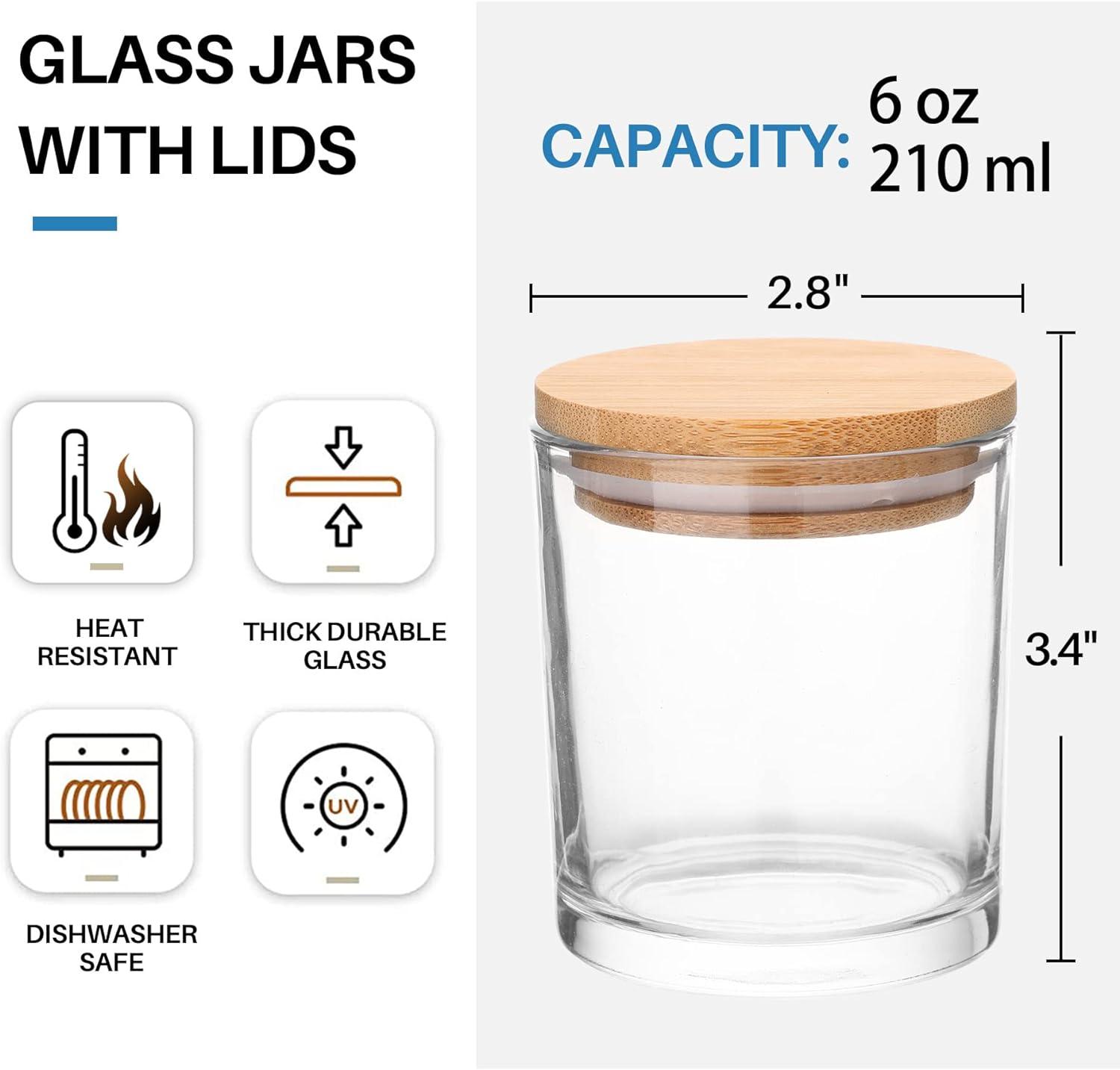 15 Pack, 6 OZ Thick Glass Jars with Airtight Bamboo Lids and Sticky Labels,  Clear Empty Candle Jars for Making Candles, Spice Jars, Sample Container -  Dishwash Safe