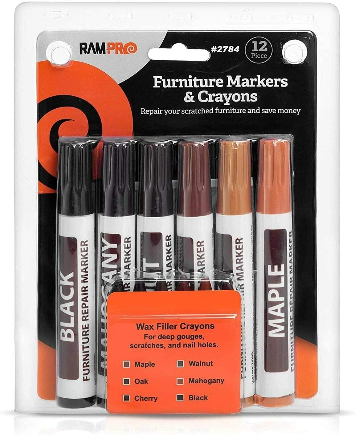 Rampro Furniture Markers Touch Up, Wood Scratch and Stain Repair, 8 Felt Tip Markers, 8 Wax Stick Furniture Crayons & Sharpener, Maple, Oak, Cherry