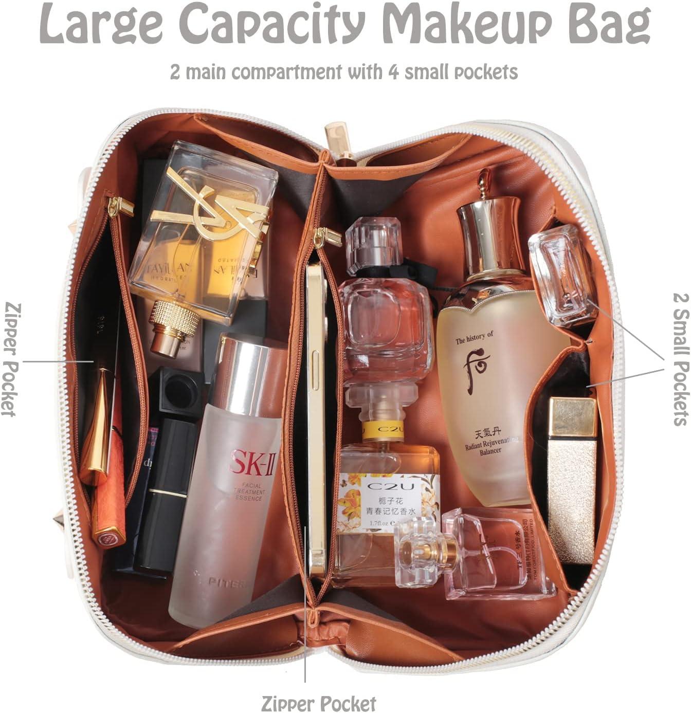 Katadem Travel Makeup Bag,Large Opening Portable Makeup Bag Opens Flat for  Easy Access, Toiletry Bag,PU Leather Makeup Bag,Cosmetic Organizer for