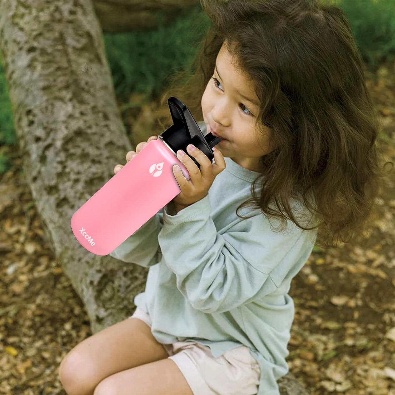 Kids Water Bottle 16 oz Stainless Steel 18/10 Double Wall Vacuum Insulated  Water Bottle Wide Mouth Flask with Leak proof Straw Lid Pink
