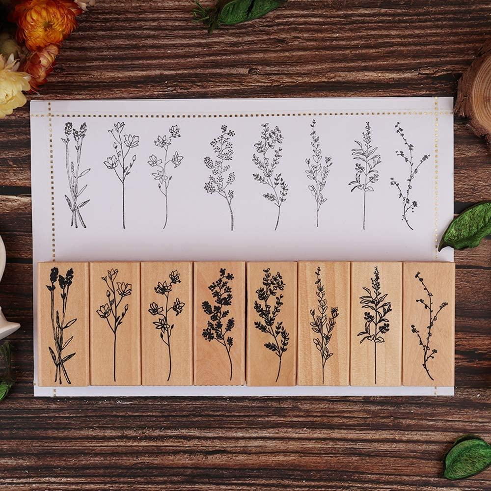 Youkwer 9 Pcs Classical Plants and Flowers Style Beautiful Wooden Rubber  Stamps DIY Diary Scrapbook Stamps Set(Set of 9 Different Plants)