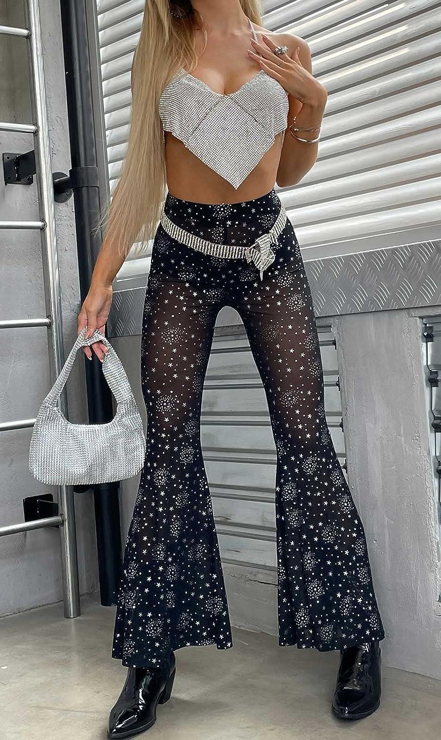 Women's Rave Outfits Mesh See Through Pants Flare Bell Bottom