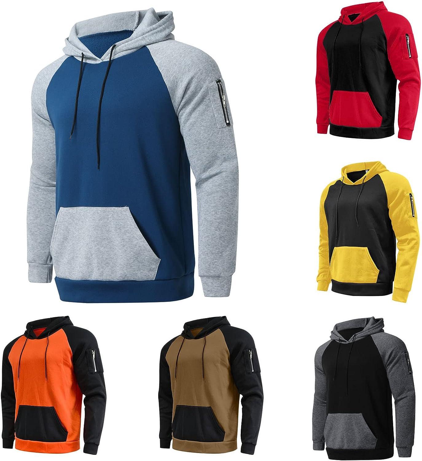 Hoodies for Men,Mens Hoodies Patchwork Pullover Solid Color Block Big and Tall  Sweatshirts Drawstring Tops with Pockets mens hoodies pullover men's  novelty hoodies
