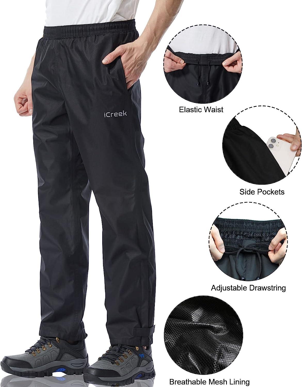iCreek Men's Rain Pants Waterproof Breathable Windproof Lightweight Over  Pants Work Rain Outdoor for Hiking, Golf, Fishing Black Large/30 Inseam
