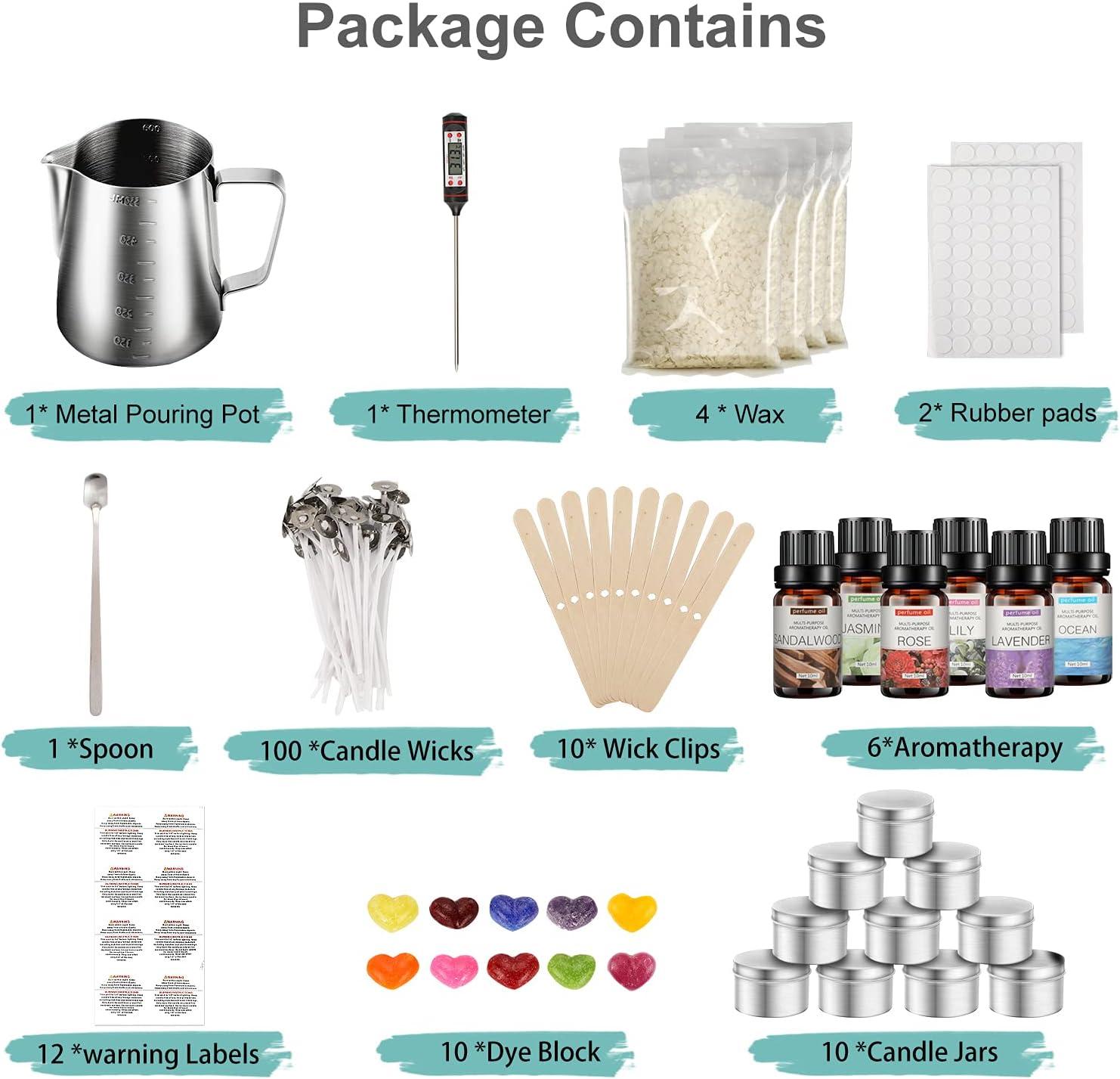 Candle Making Kit, DIY Candle Making Supplies, Candle Kit with Melting Pot,  4 Tins ,4 Candle Wax (Soy Wax) Bags, 4 Dye Blocks, Candle Wicks and More