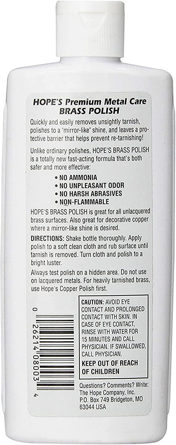 Hopes Premium Metal Care Brass Polish and Cleaner, Shines and Prevents  Tarnish, Safe for Brass, Copper, Chrome, Sterling Silver, 8 oz, Pack of 1 8  Fl Oz (Pack of 1)