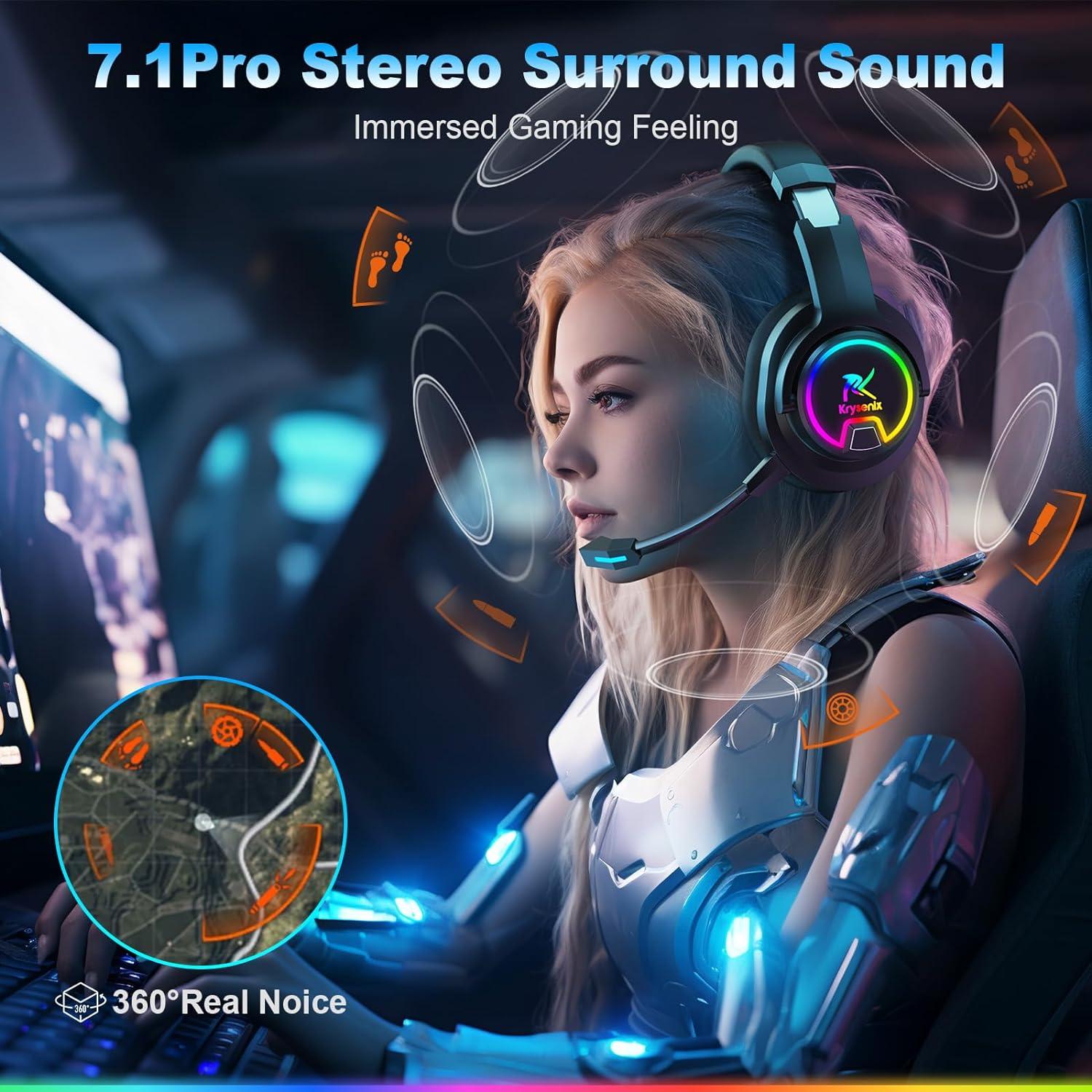 Wireless Gaming Headset for PC, PS4, Switch, 2.4GHz USB Wireless PS5 Gaming  Headphones with Microphones, Immerse 7.1 Surround Sound, Bluetooth 5.4