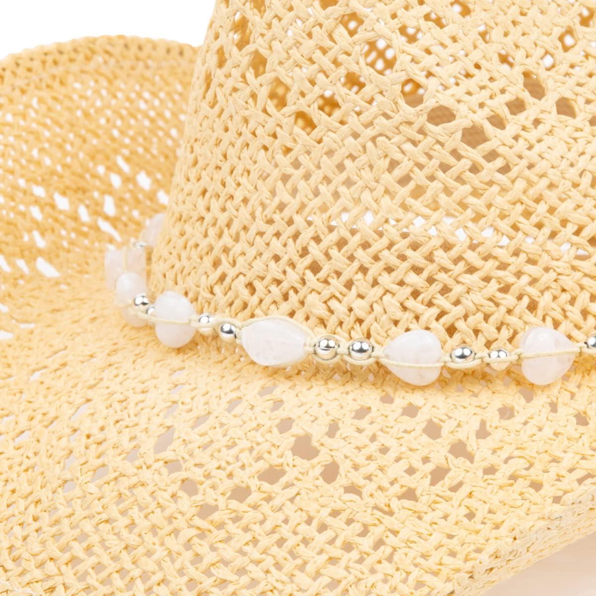 TOVOSO Western Cowgirl Hat, Straw Cowboy Hat for Women with Shapeable Brim,  Beaded Hearts Trim, Shapeable Cowboy Hat Beige