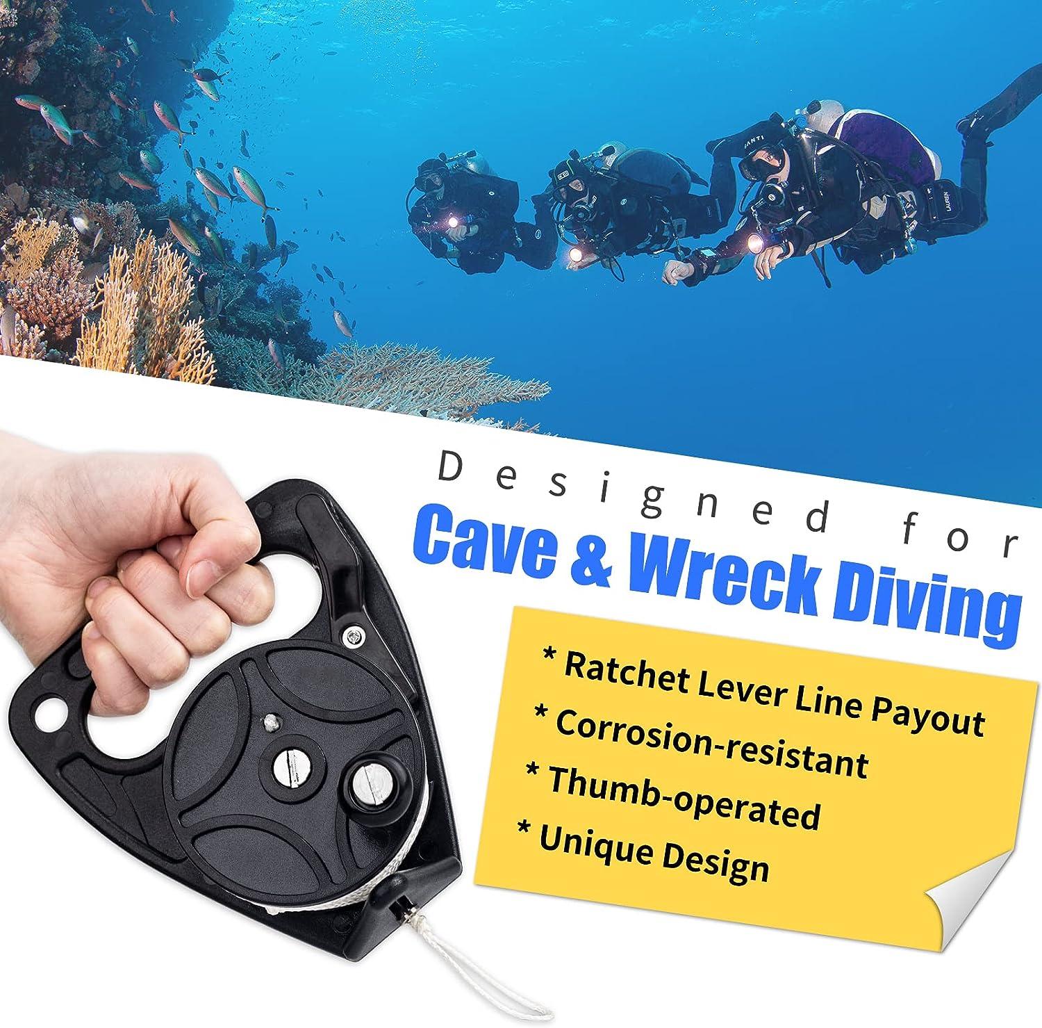 Diving Reel with Thumb Stopper, Heavy Duty 46m/150ft White Line SMB Scuba  Ratchet Dive Reel with Handle Stop Switch for for Cave, Wreck,Drift Diving,Kayak  Anchorand More Underwater Activities Black