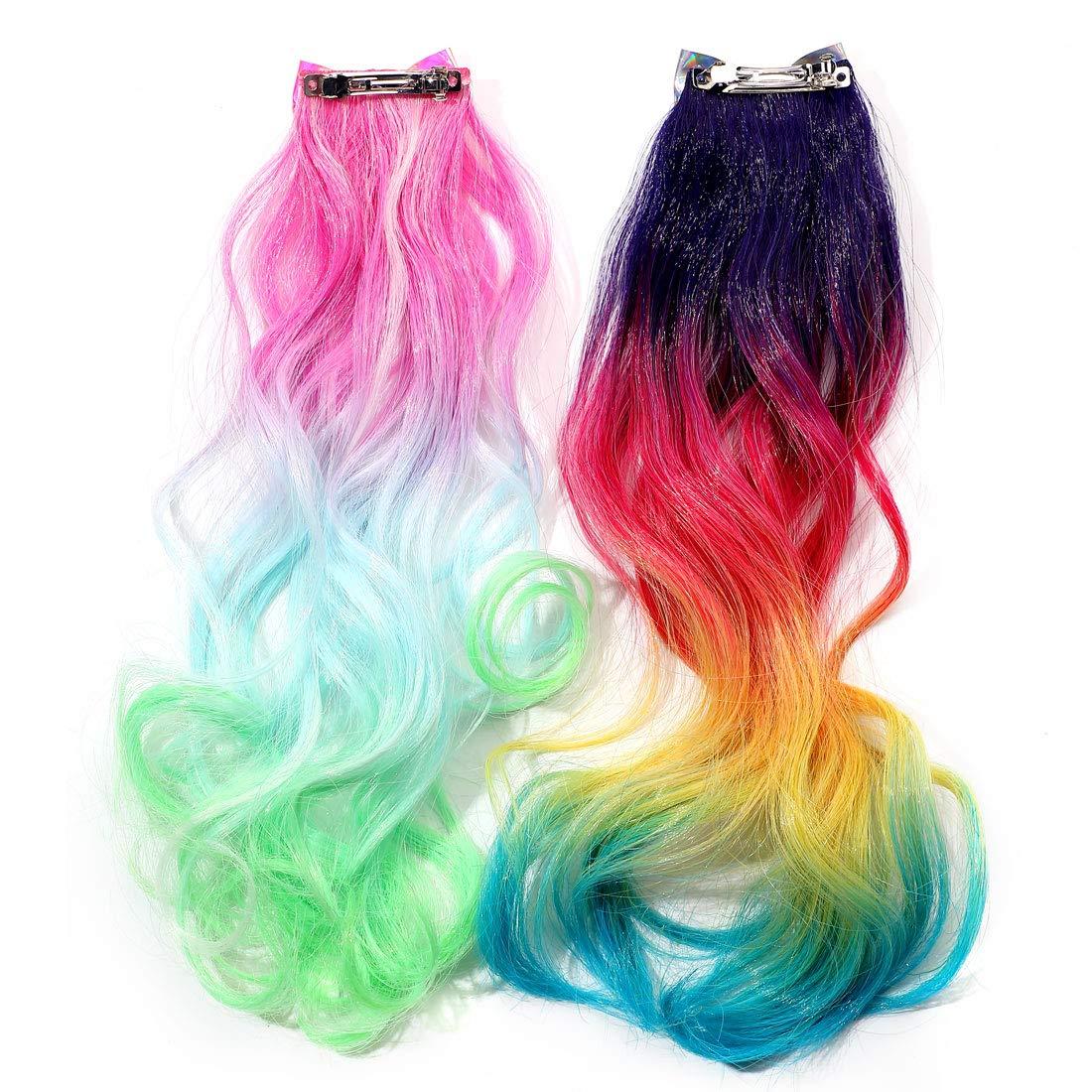 Clip in Synthetic Feather Hair Extensions, Human Hair Extensions Colorful Fake Hair Extensions Clip in One Piece Rainbow Synthetic Invisible
