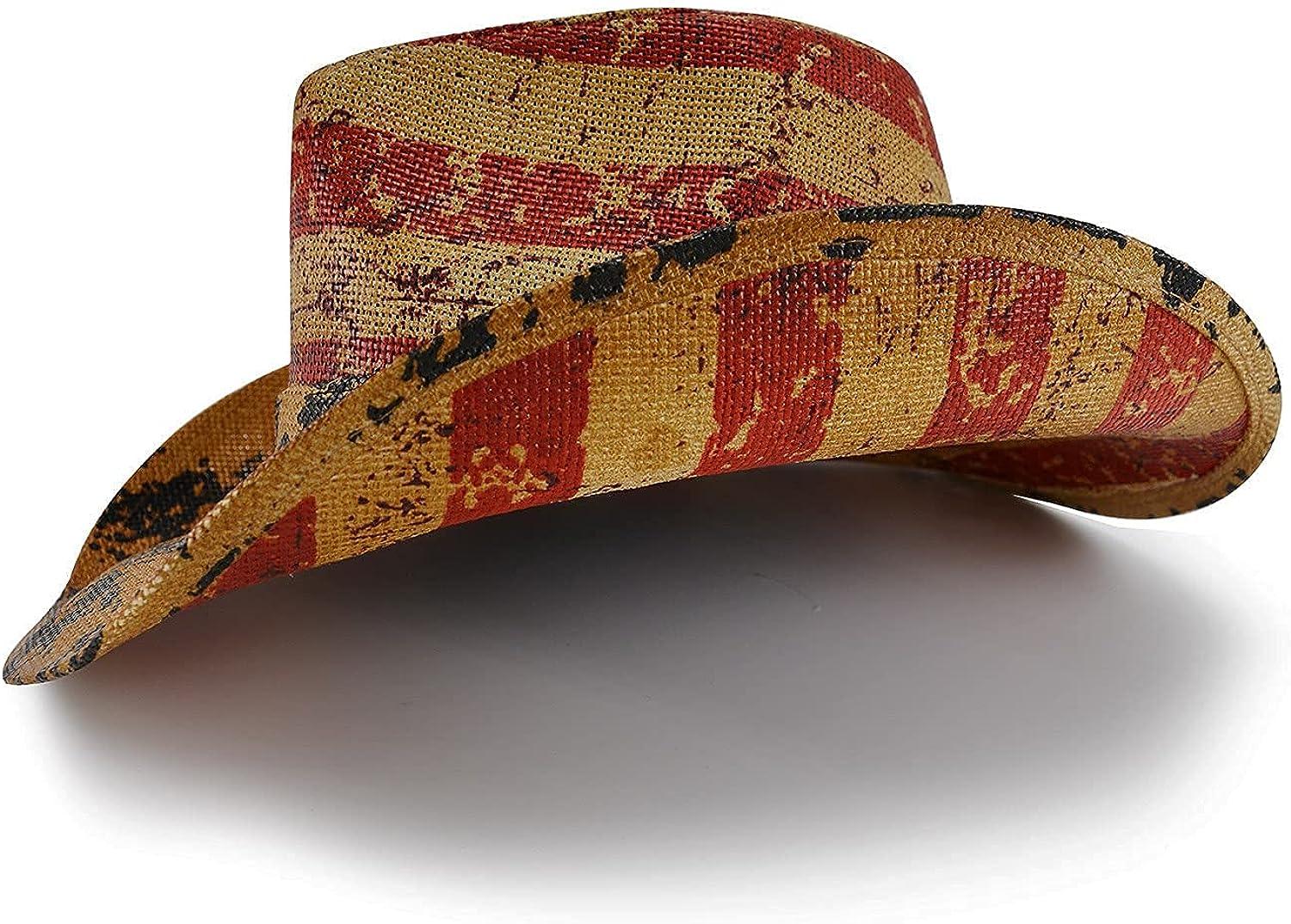 Vintage American Flag Cowboy Cowgirl Hat USA Star Stripe Print Wide Brim  Sun Hat 4th of July Panama Hat for Women Men 
