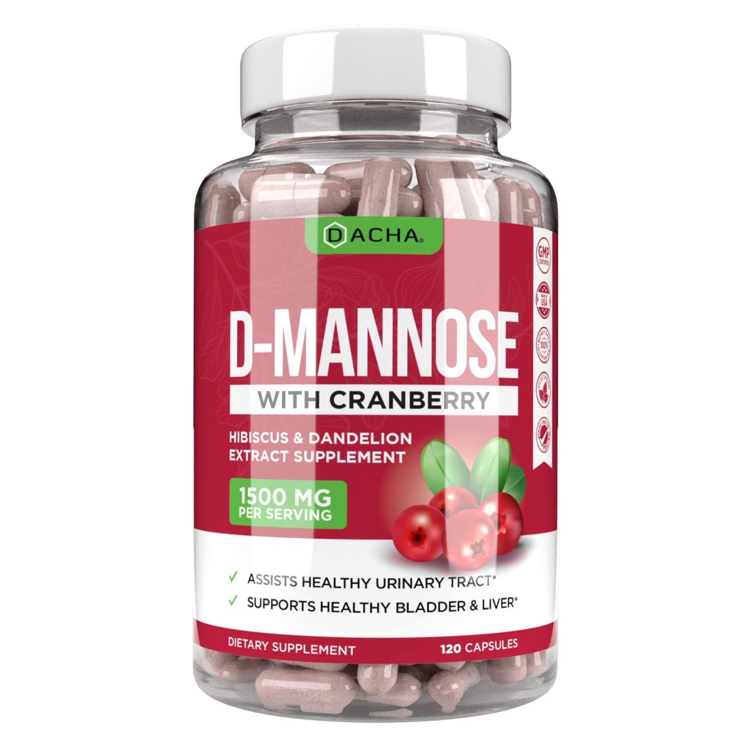 Natural D Mannose Capsules 4 In 1 Formula 120 Caps 1500 Mg Cranberry Dandelion Hibiscus