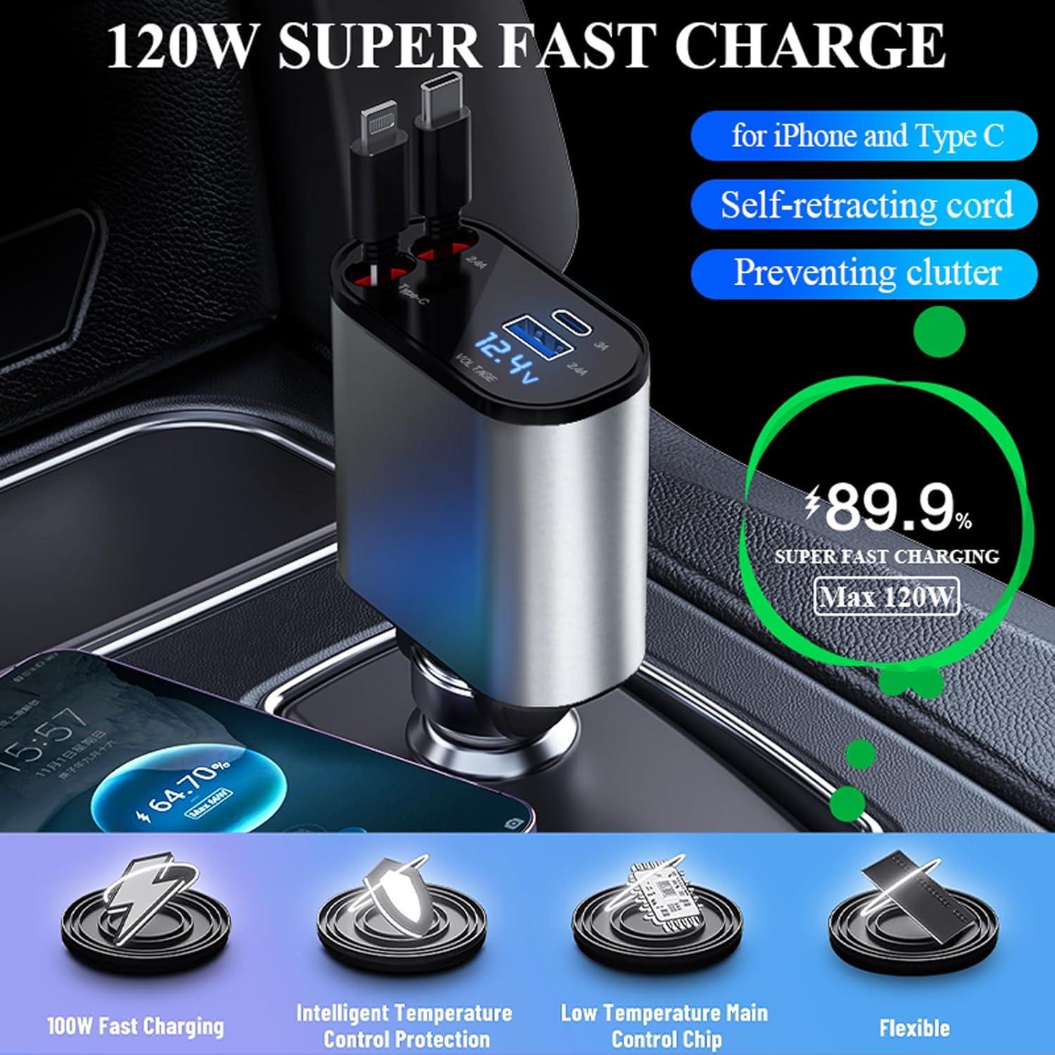 Retractable Car Charger 120W DCKENGO 4 in 1 Super Fast Phone Car Charger  Retractable Cables (31.5 inch) + 2 USB Ports Car Charger Adapter for iPhone  15/14/13/12/11 Pro Max XR iPad Samsung Pixel Square Retractable Ca