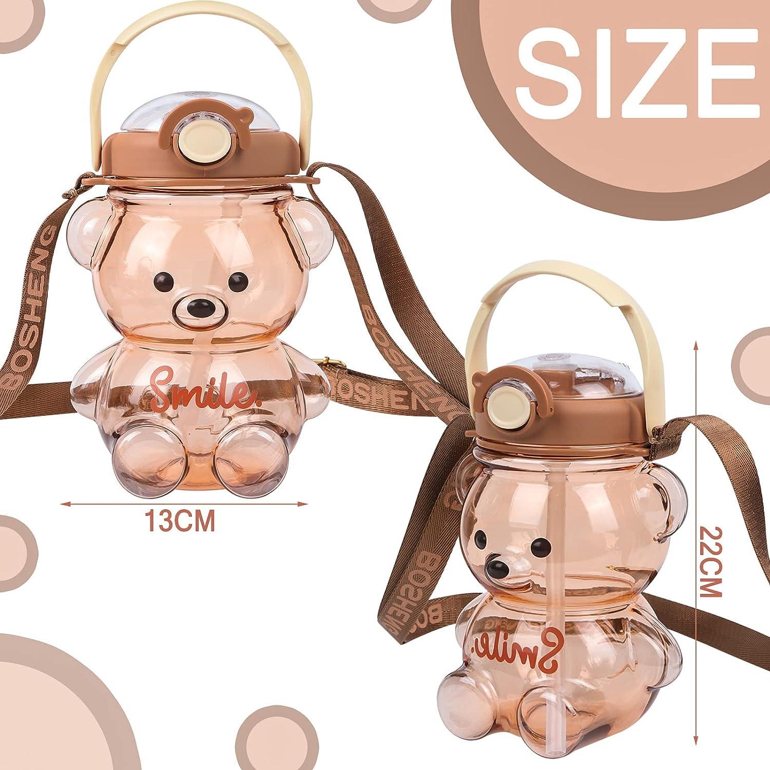 Kawaii Bear Straw Bottle Large capacity bear water bottle with Strap and  Straw Cute Portable Bear shaped water Bottle Adjustable Removable Strap for  outdoor and school activities(grey)