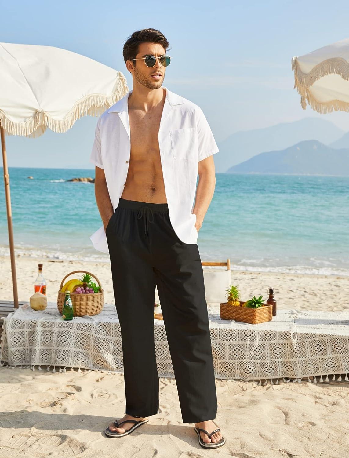 Men Casual Beach Trousers Cotton Elastic Waistband Summer Pants