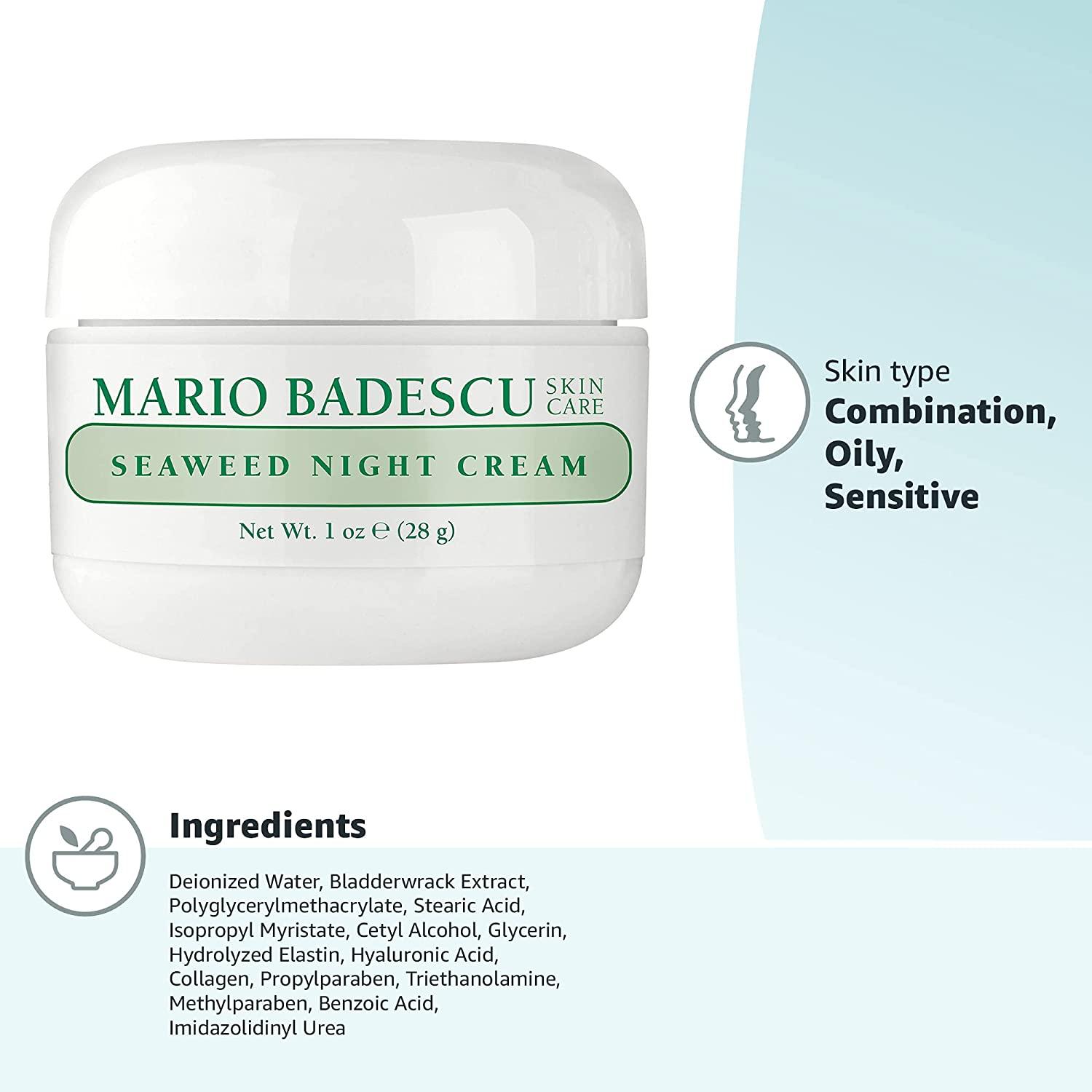 Mario Badescu Seaweed Night Cream Combination, Oily & Sensitive Skin, Oil-Free Moisturizer With & Sodium Hyaluronate, Moisturizes Smooths Skin Seaweed Night Cream, 1 Oz
