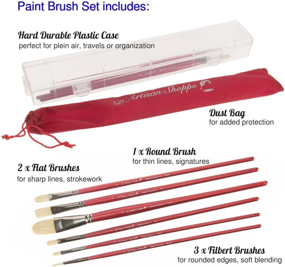 Oil Acrylic Paint Brushes Set. 100% Natural Chungking Hog Hair Bristle in  Portable Organizer Plastic Container. 6pc Filbert Flat and Round Paintbrush  Gift Kit.