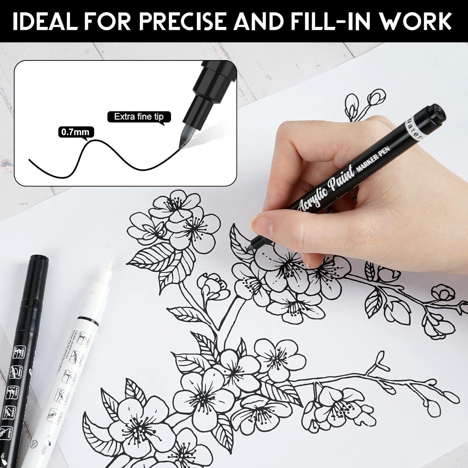 White Paint Pen 8 Pack 0.7mm Acrylic Paint Pens with 2 White 2 Black 2