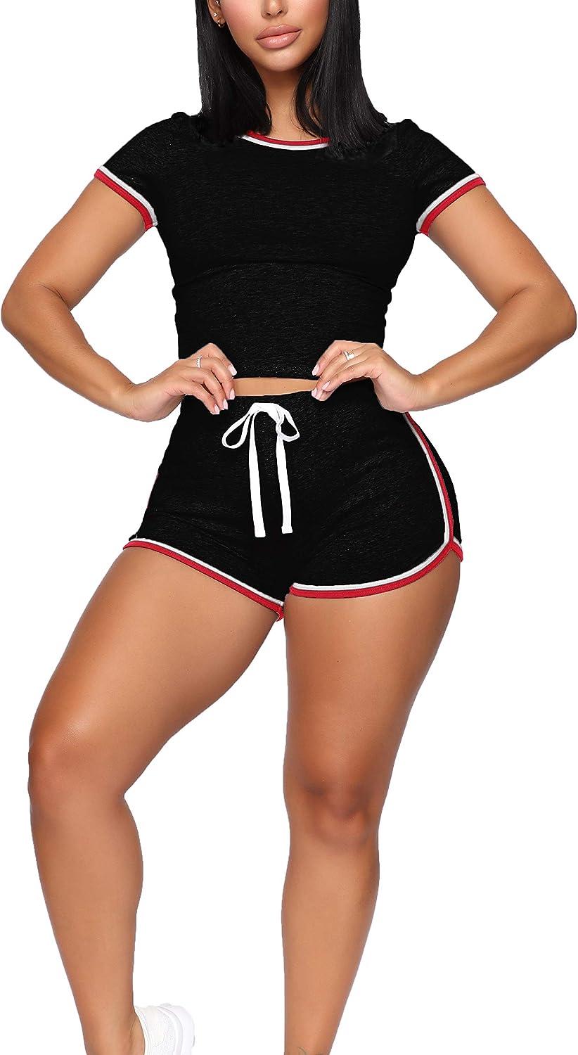  WIHOLL 2 Piece Outfits for Women Sexy Summer Short Sleeve  Active Wear Black S : Sports & Outdoors