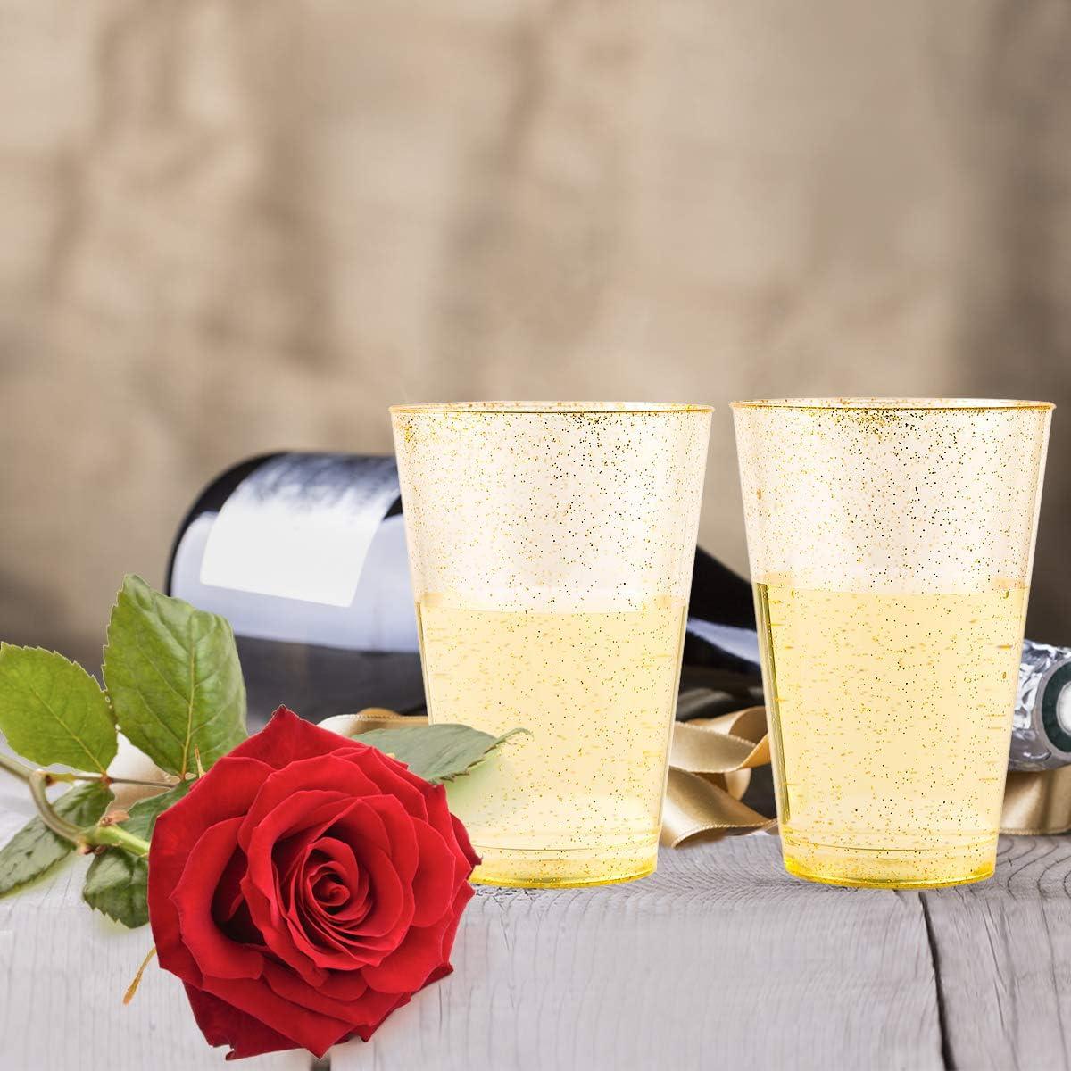 Exquisite 120 Count 10 oz Gold Glitter Clear Plastic Cups Tumblers - Hard Plastic Disposable Cups for Wedding Glasses - Plastic Party Cups for