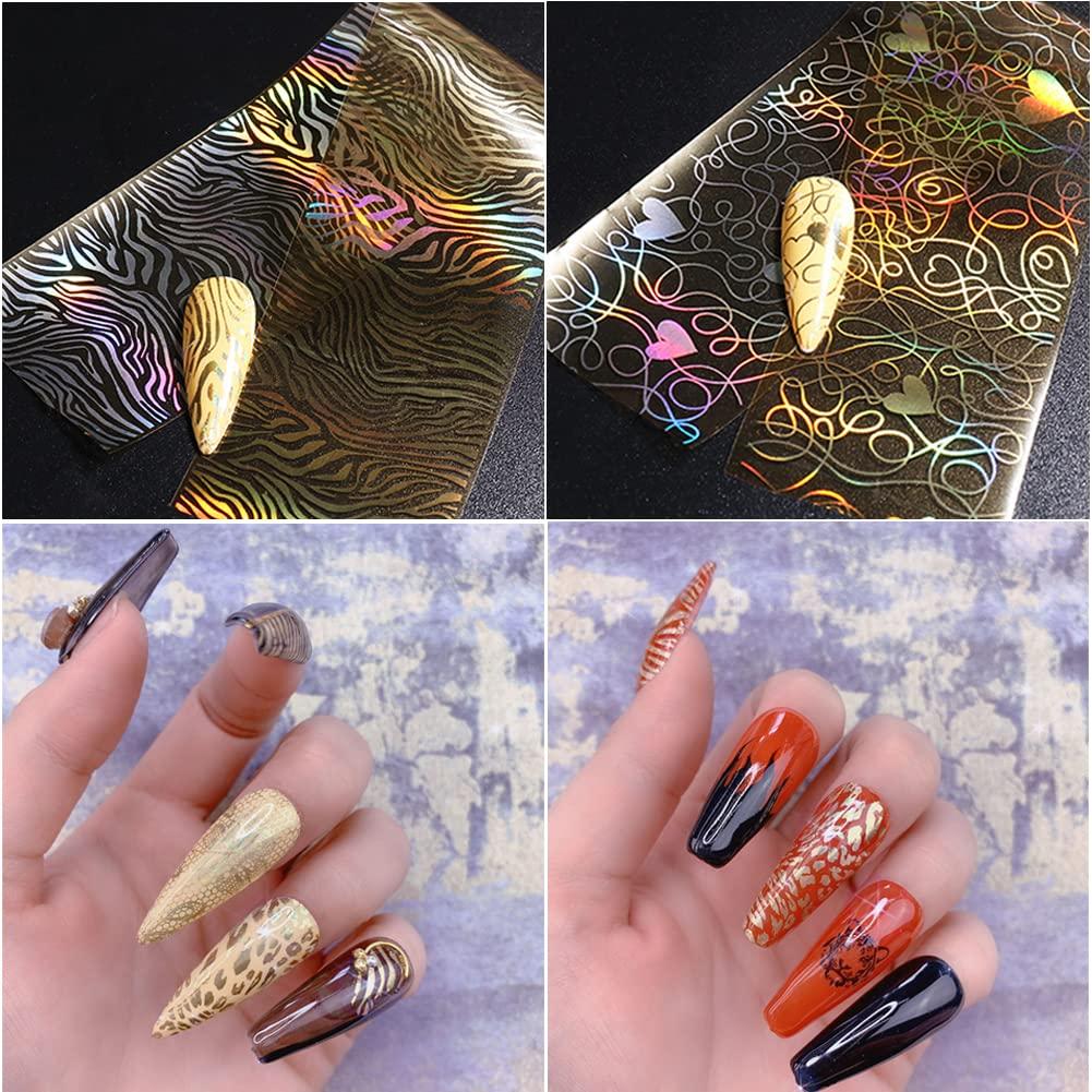 Gold Nail Foil Transfer Stickers Nail Art Supplies Holographic Laser Star  Moon Flower Heart Abstract Face Designer Nail Stickers 3D Glitter Line DIY