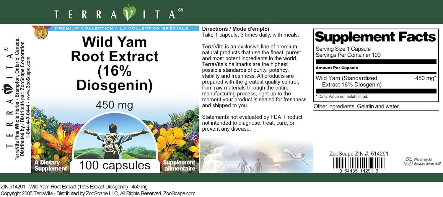 Terravita Wild Yam Root Extract 16 Diosgenin 450 Mg 100 Capsules Zin 514291