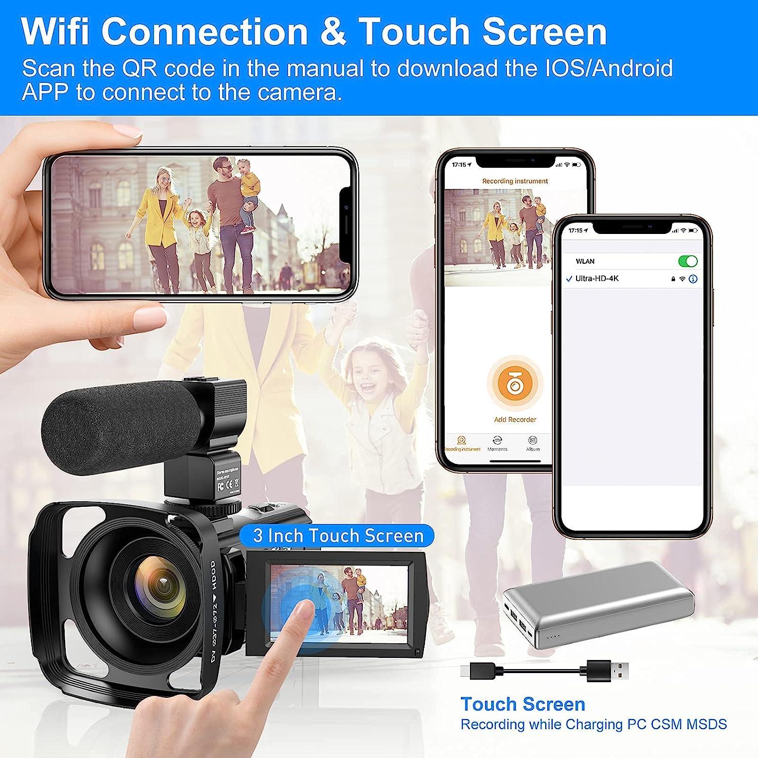 4K Video Camera Camcorder 48MP UHD WiFi IR Night Vision Vlogging Camera for   16X Digital Zoom Touch Screen Camera Recorder with Microphone