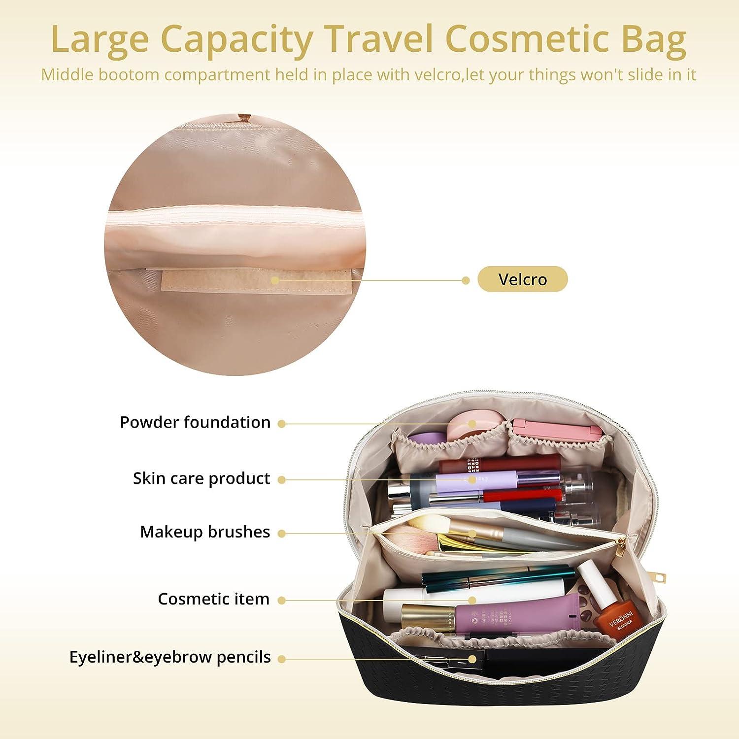 Travel Makeup Bag-Large Capacity Travel Cosmetic Bag, Portable Waterproof  Women Large Makeup Bag Travel Organizer, with Handle and Divider Flat Lay