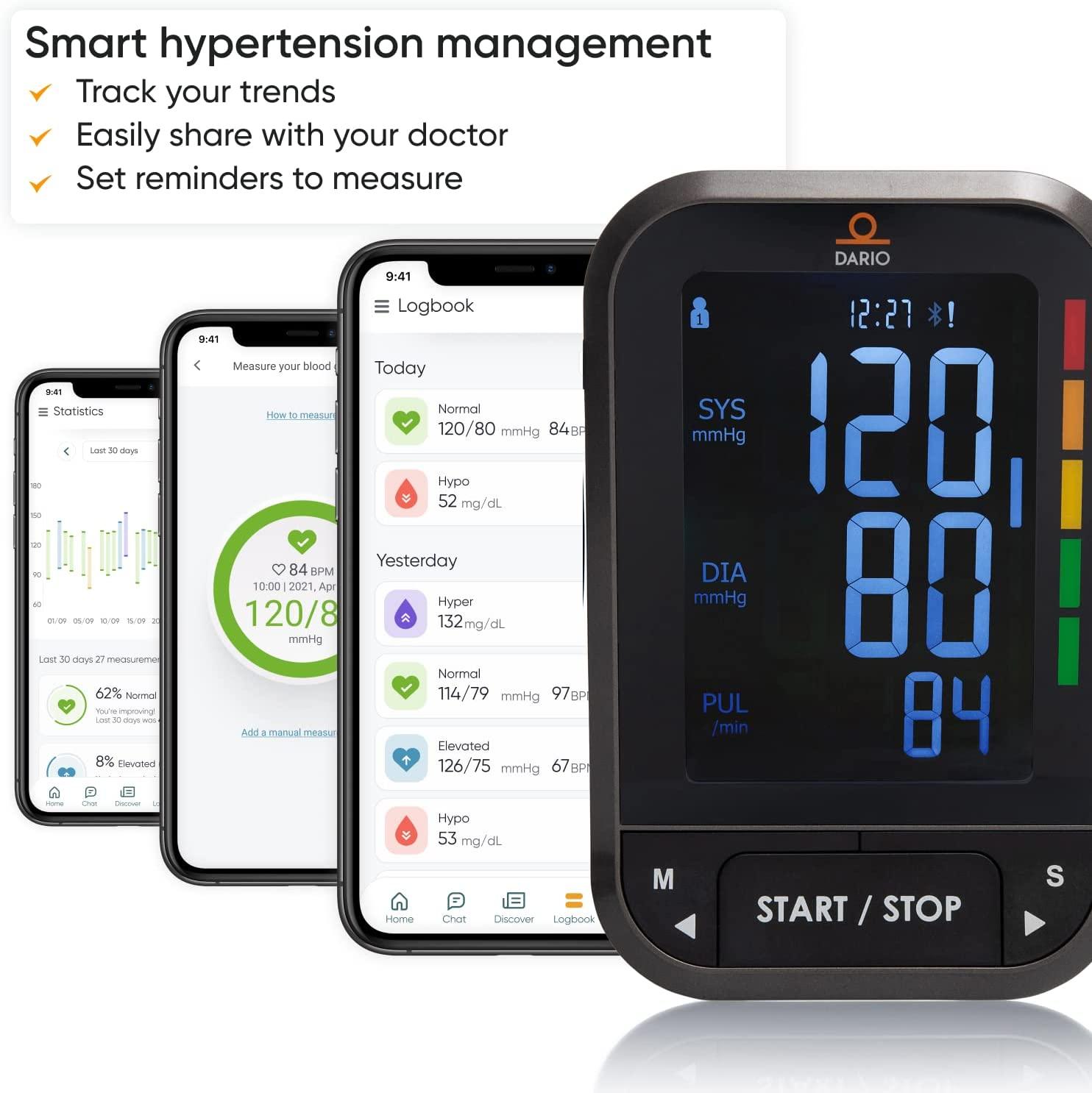 Dario Blood Pressure Monitor Upper Arm Includes: Blood Pressure Cuff,  Carrying Bag and Batteries. Bluetooth to Dario Mobile App for Simple Data  Tracking and Sharing (Large 9.4-17 in (24-43cm))