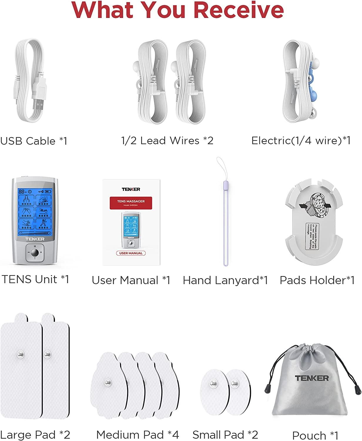 TENKER TENS EMS Unit Muscle Stimulator, 24 Modes TENS Machine for Pain  Relief & Muscle Strength Rechargeable Electronic Pulse Massager with 2x2  and 2x4 TENS Unit Electrode Pads 