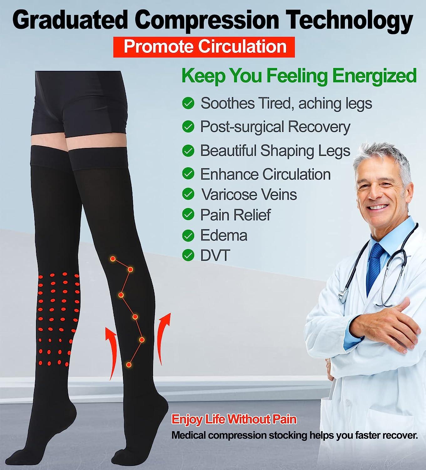 Thigh High Compression Stockings, Closed Toe, Pair, Firm  Support 20-30mmHg Gradient Compression Socks with Silicone Band, Unisex,  Opaque, Best for Spider & Varicose Veins, Edema, Swelling, Black XL :  Health 