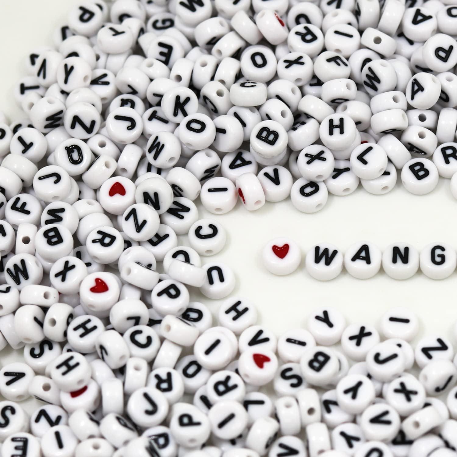 WangLaap 1450Pcs Letter Beads, Acrylic 4x7mm Round Letter Beads Kits, Alphabet  Beads A-Z and Red Heart Black Star Beads for Bracelets Necklaces DIY Jewelry  Making (White)