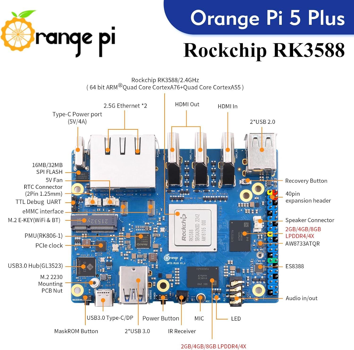 Orange Pi 5 Plus 16GB Rockchip RK3588 8 Core 64 Bit Single Board 