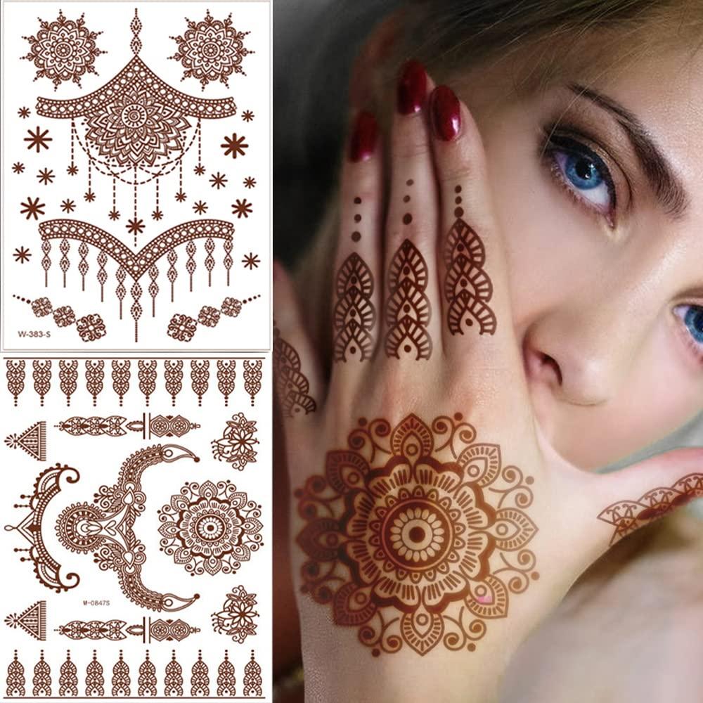 Henna Temporary Tattoos for Women Brown Indian Style Henna Tattoos Stickers  Waterproof Lace Mandala Flower Elephant Exquisite Design Henna Tattoos for  Body Face Arm Decorations 6 Sheets