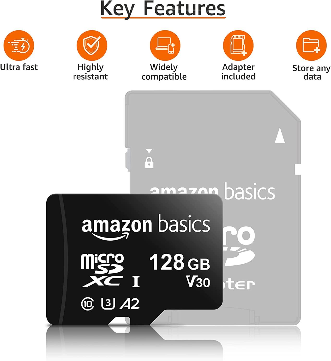   Basics Micro SDXC Memory Card with Full Size Adapter,  A2, U3, Read Speed up to 100 MB/s, 128GB, Black : Electronics