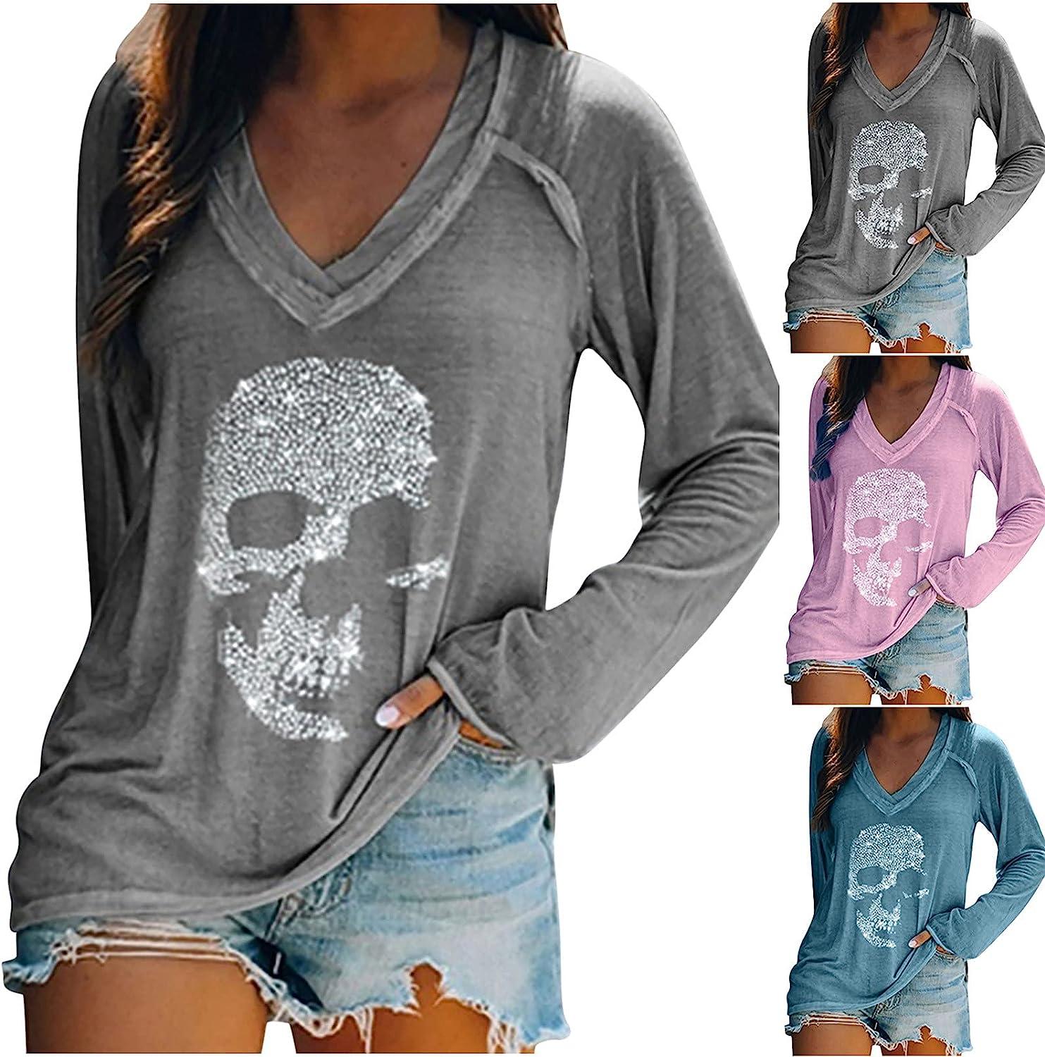Halloween Sweatshirt for Women V Neck Long Sleeve T Shirts Fashion 2022  Skeleton Print Tops Hot Drill Fit Blouse Medium Purple