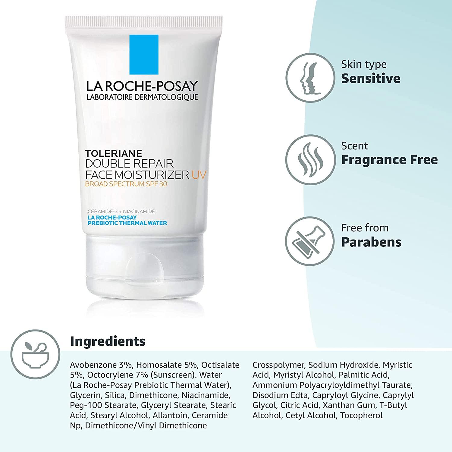La Toleriane Double Repair UV SPF Moisturizer for Face, Daily Facial Moisturizer with Sunscreen SPF 30, Niacinamide and Glycerin, Oil Free, Moisturizing Sun Protection