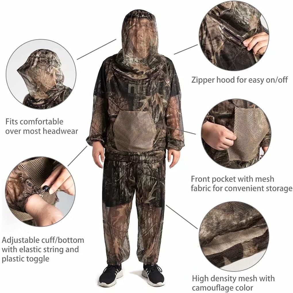 LOOGU Mosquito Suits, Net Bug Pants & Jacket Hood Sets - Ultra-fine Mesh -  with Fishing, Hiking, Camping and Gardening XL/XXL Tree Camo 2.0