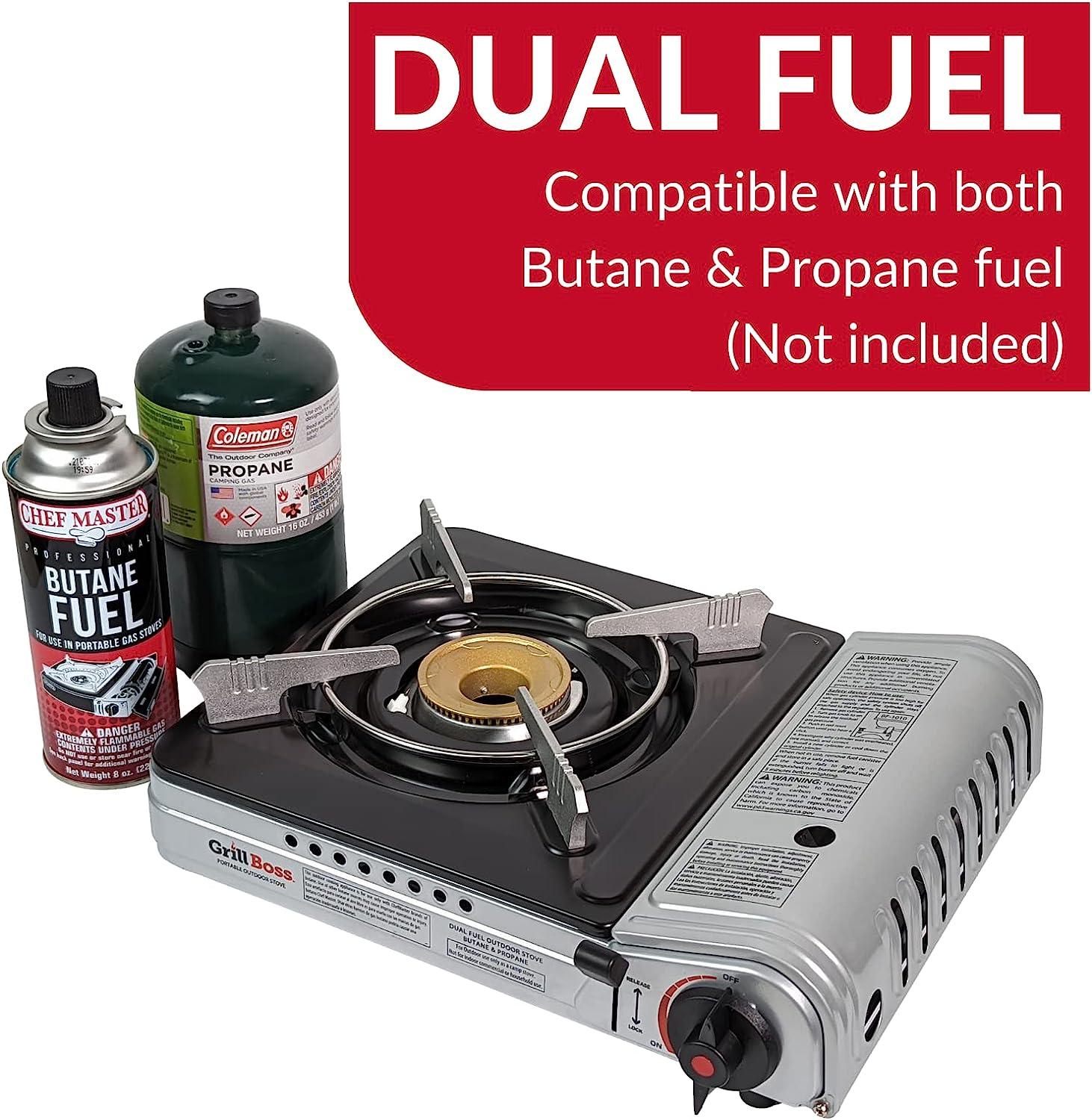 Grill Boss 90057 Dual Fuel Camp Stove | Works with Both Butane and Propane | Perfect for Camping & Hiking | Emergency Cooking Stove | Single Burner