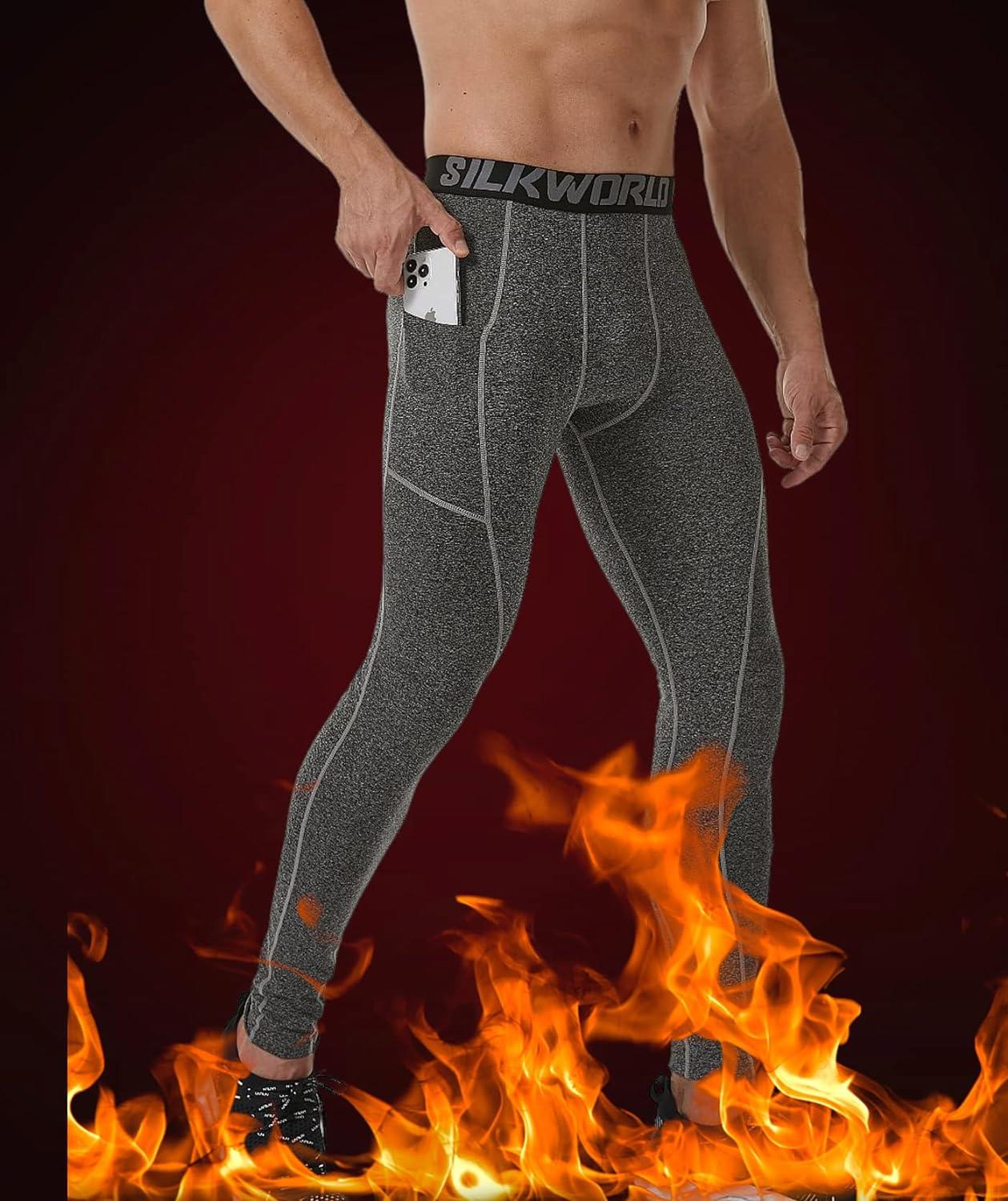 SILKWORLD Men's 1~3 Pack Compression Pants Pockets Cool Dry Gym Leggings  Baselayer Running Tights