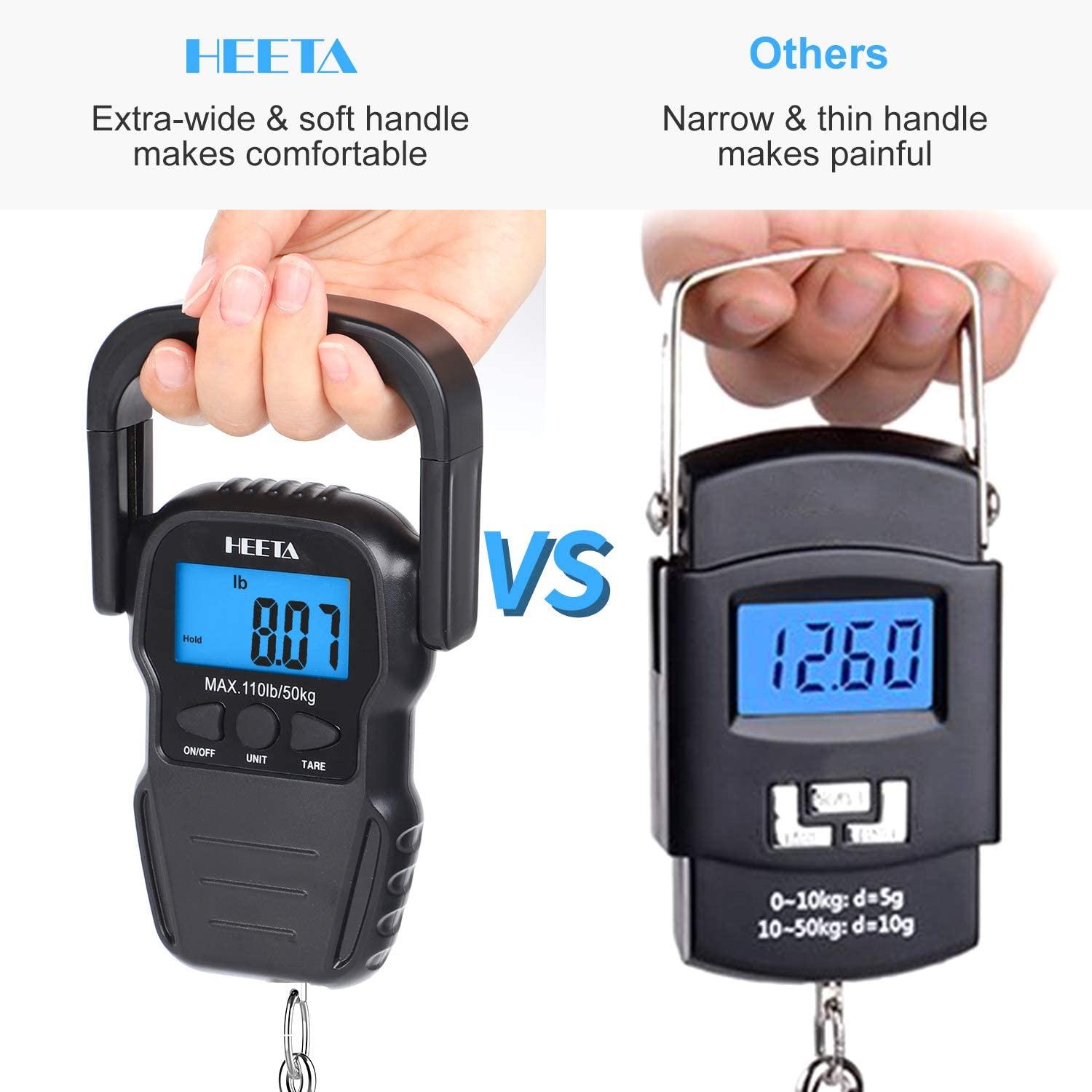 HEETA Fish Scale with Backlit LCD Display, Digital Portable Hanging Scale  Luggage Scale with Measuring Tape for Home and Outdoor, 2 AAA Batteries  Included Black