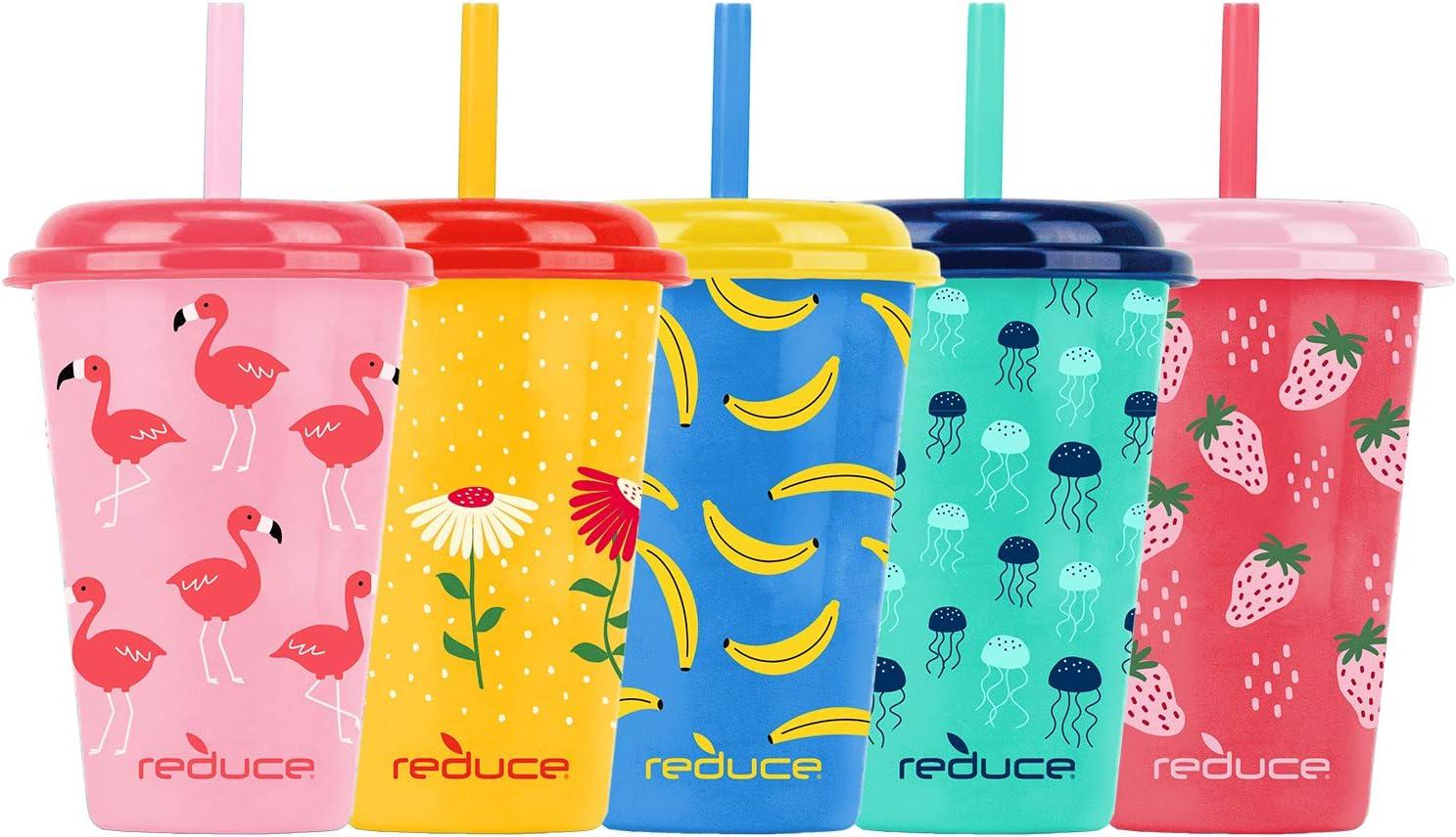 Reduce Gogo's 12 oz Cup Set, 5 Pack – Plastic Cups with Straws and Lids – Dishwasher Safe, BPA Free – 5 Fun Designs, Strawberry Banana
